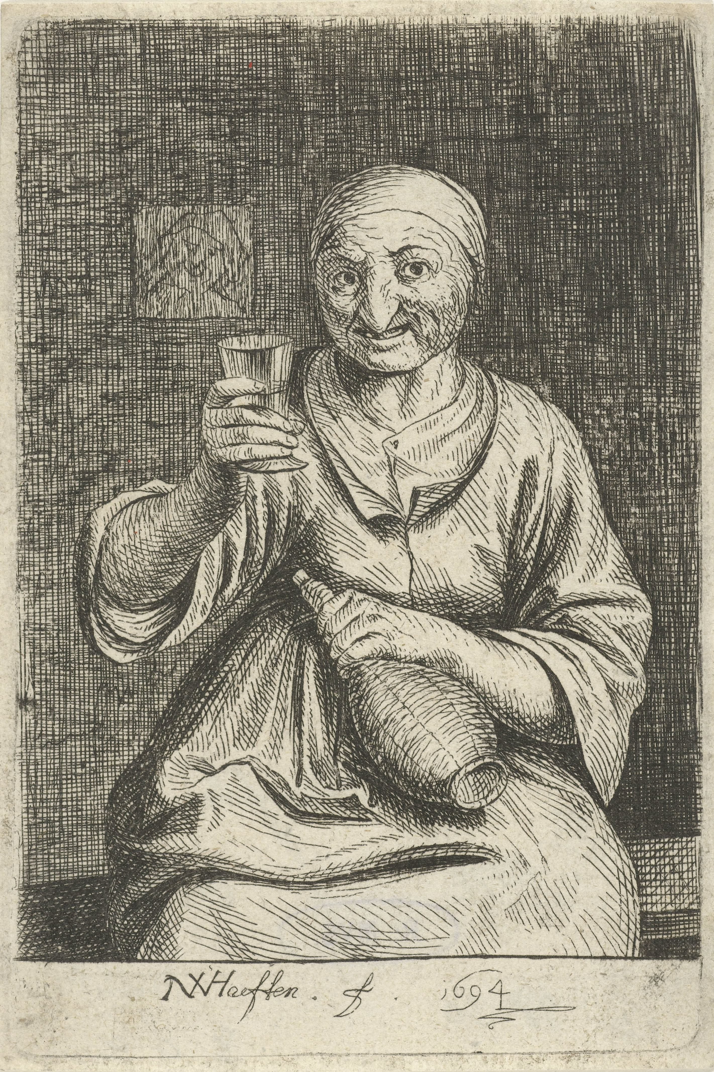 Oude vrouw met glas en kruik