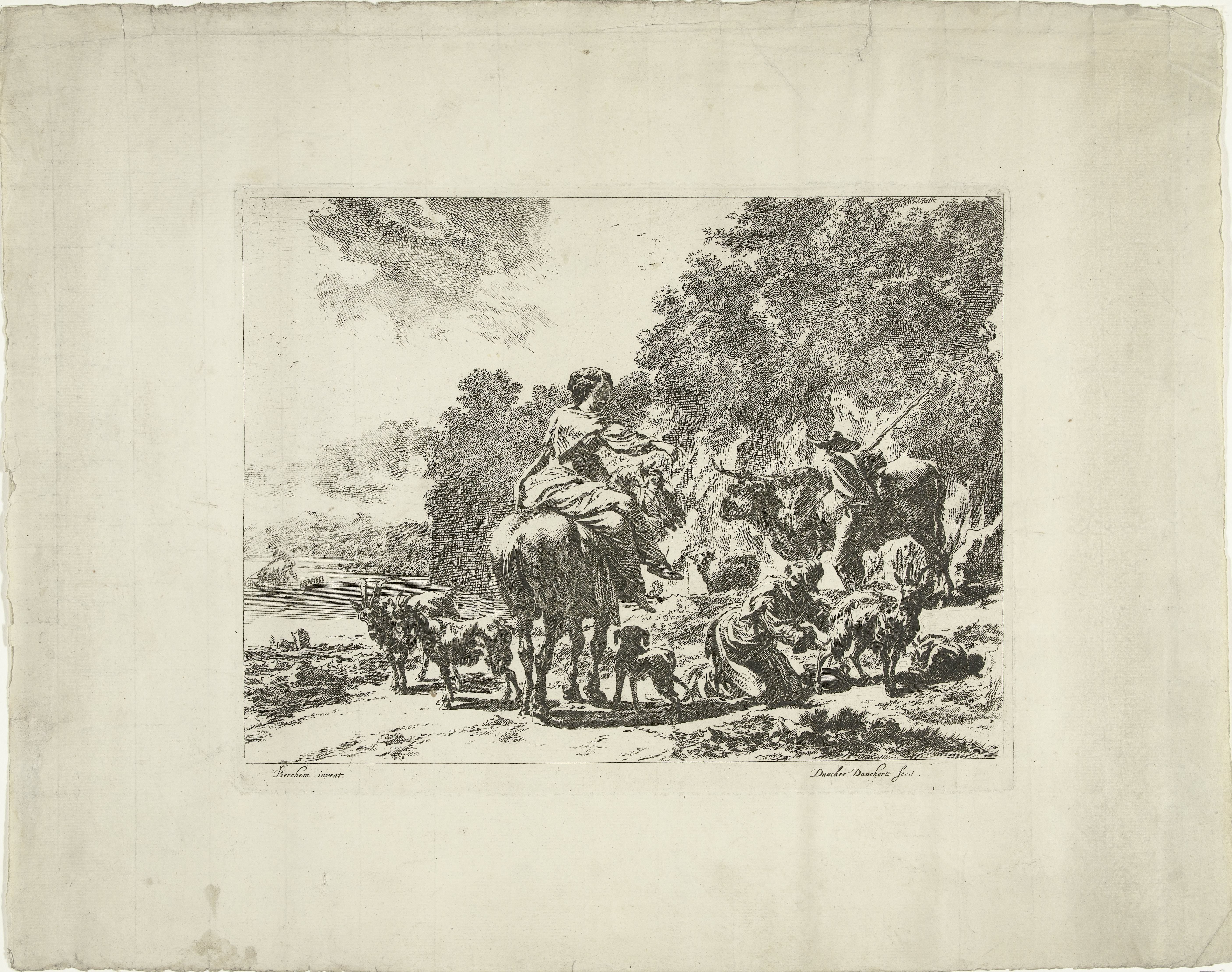 Landschap met vrouw te paard en herderin die een geit melkt