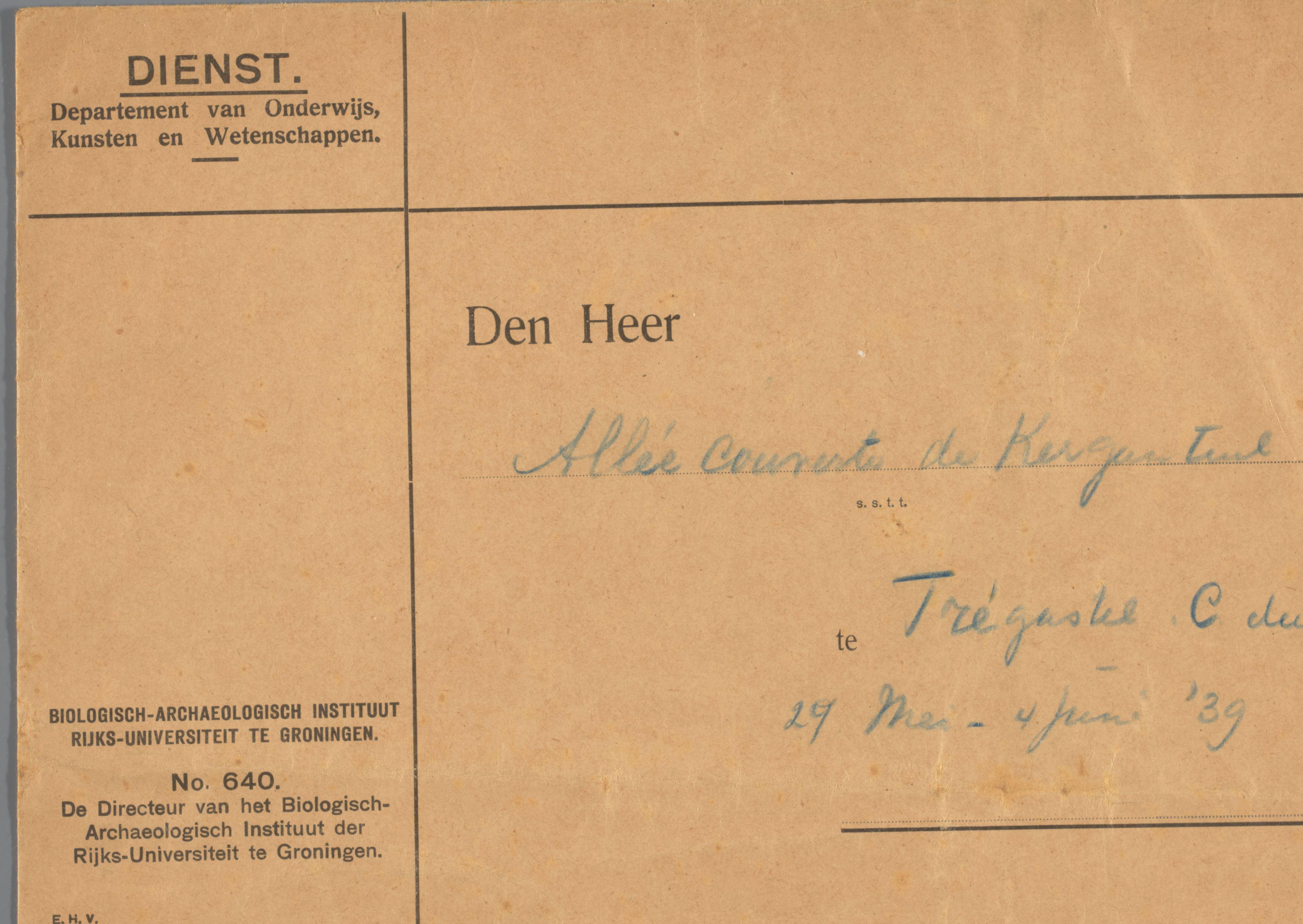 Envelop van het Biologisch-Archaeologisch Instituut van de Rijks-Universiteit te Groningen