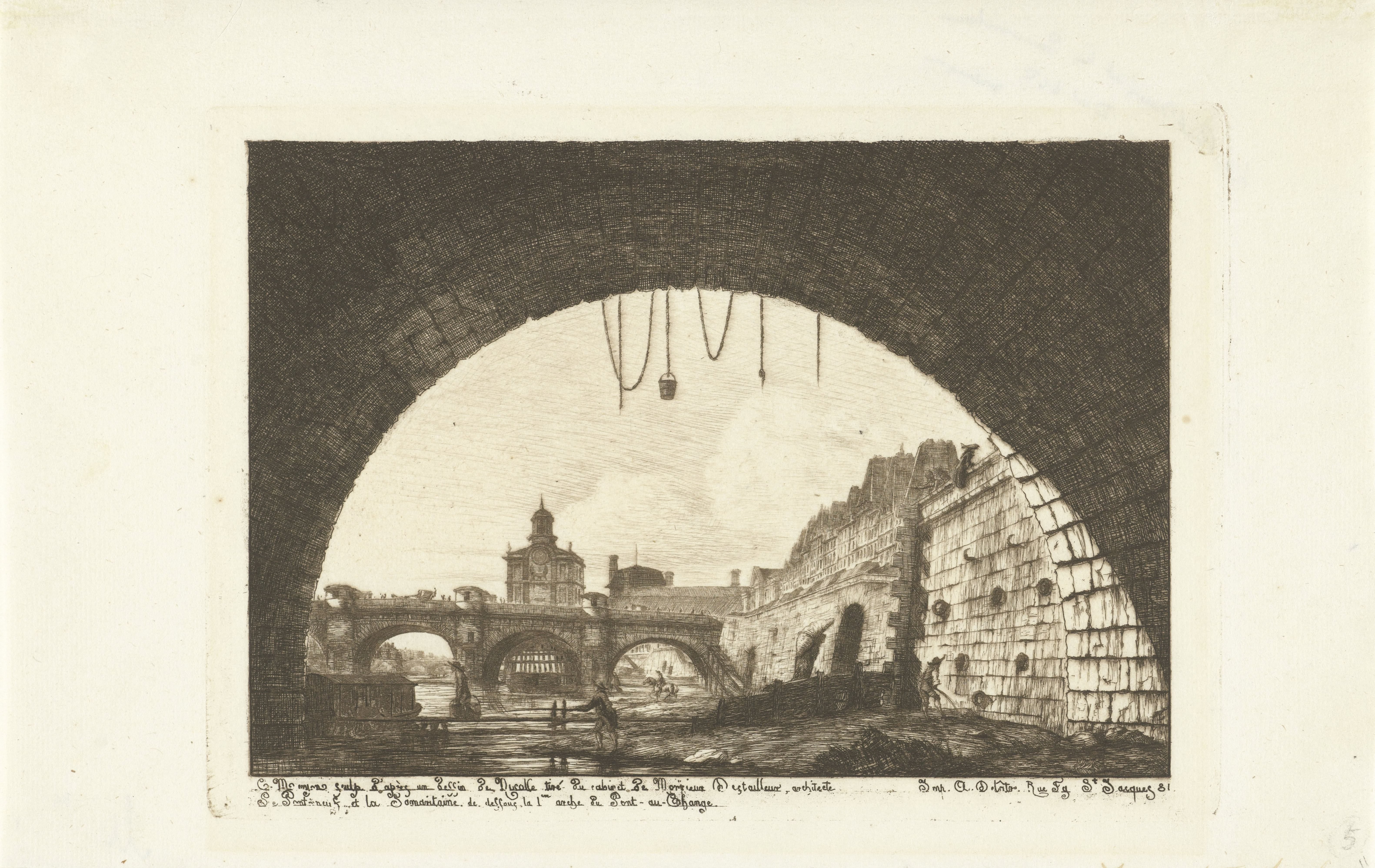 Gezicht op Pont-Neuf van onder boog Pont-au-Change in Parijs