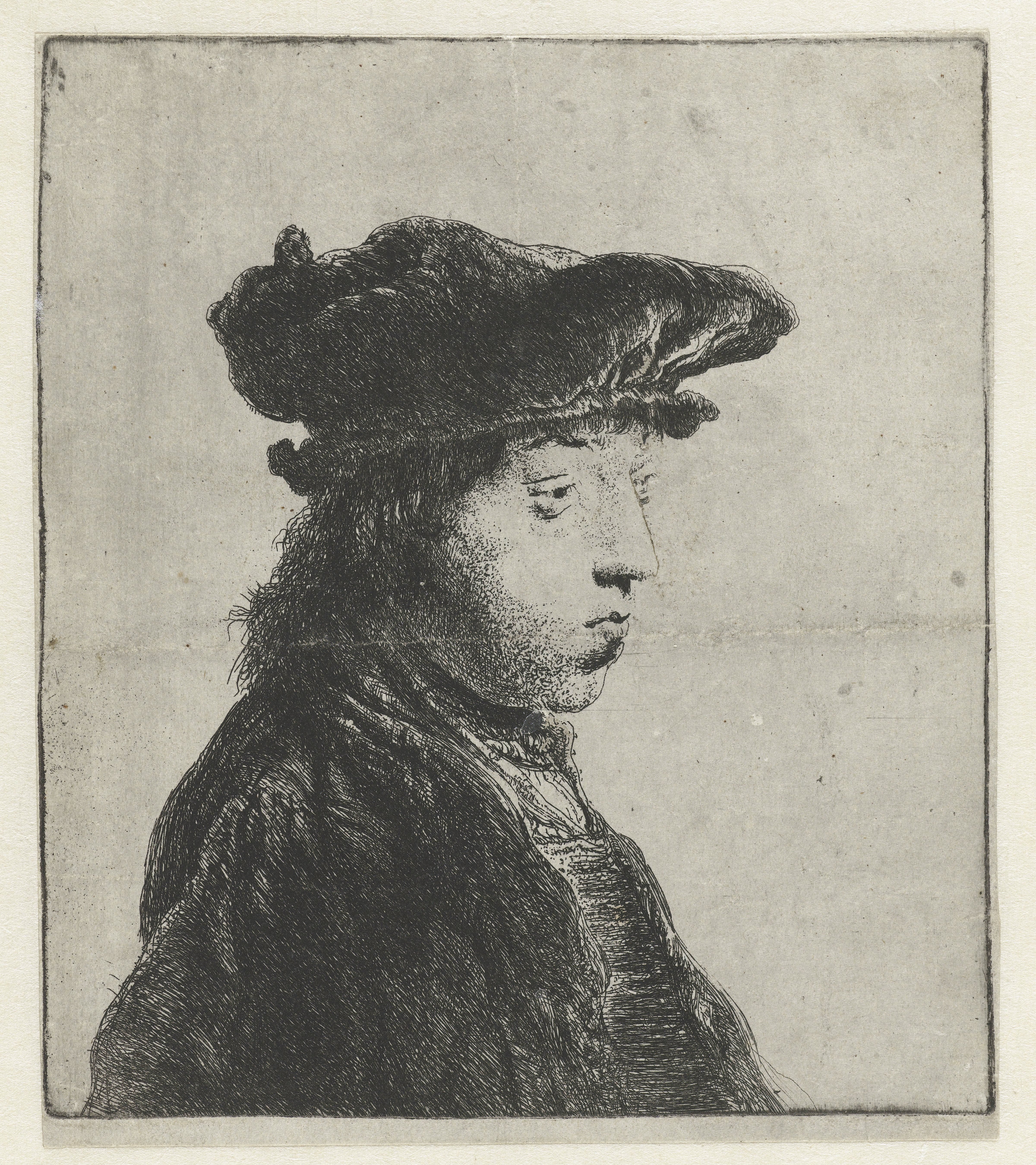 Borstbeeld van een jonge man met fluwelen baret