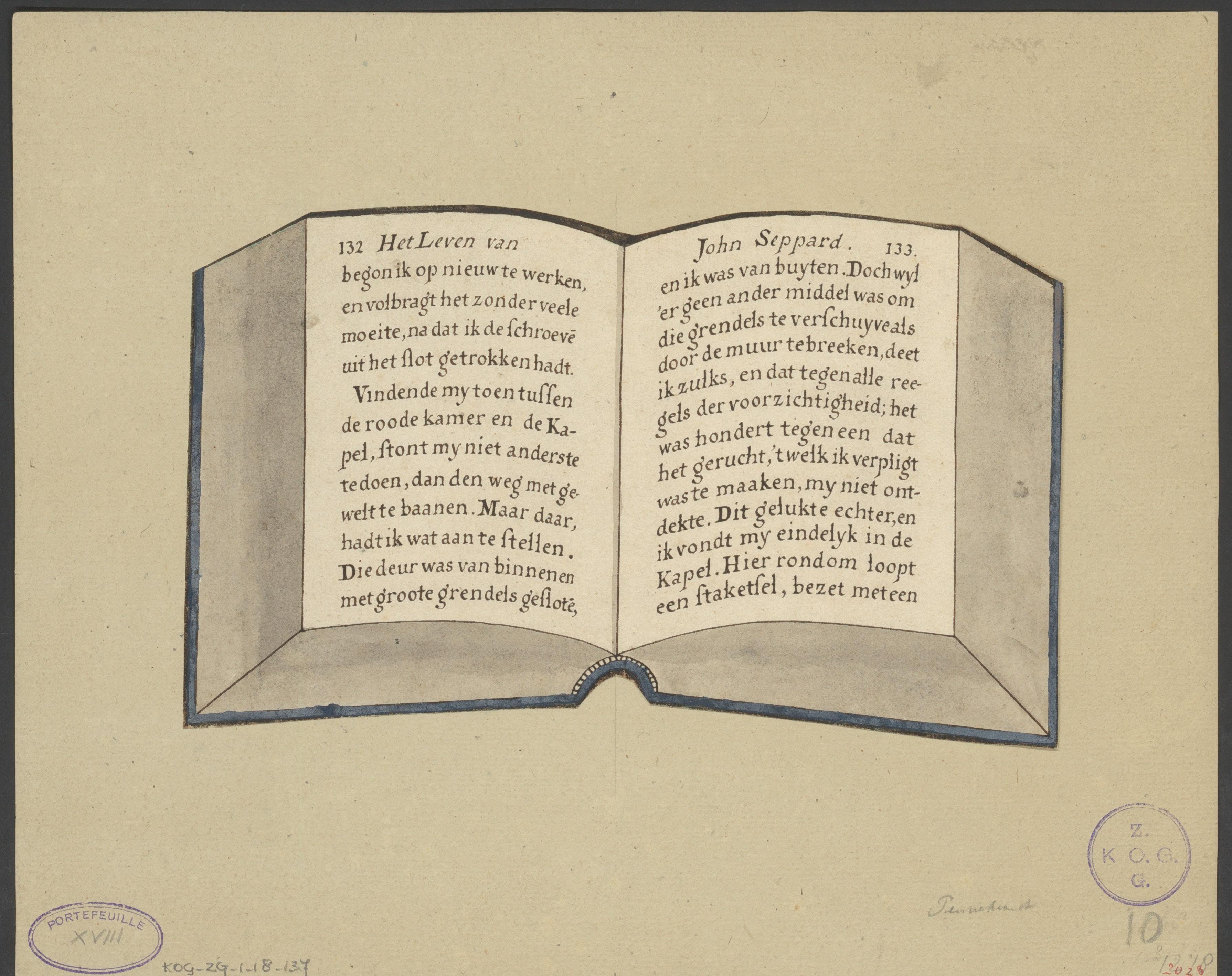 Opengeslagen boek met twee pagina's uit Het leven van John Sheppard