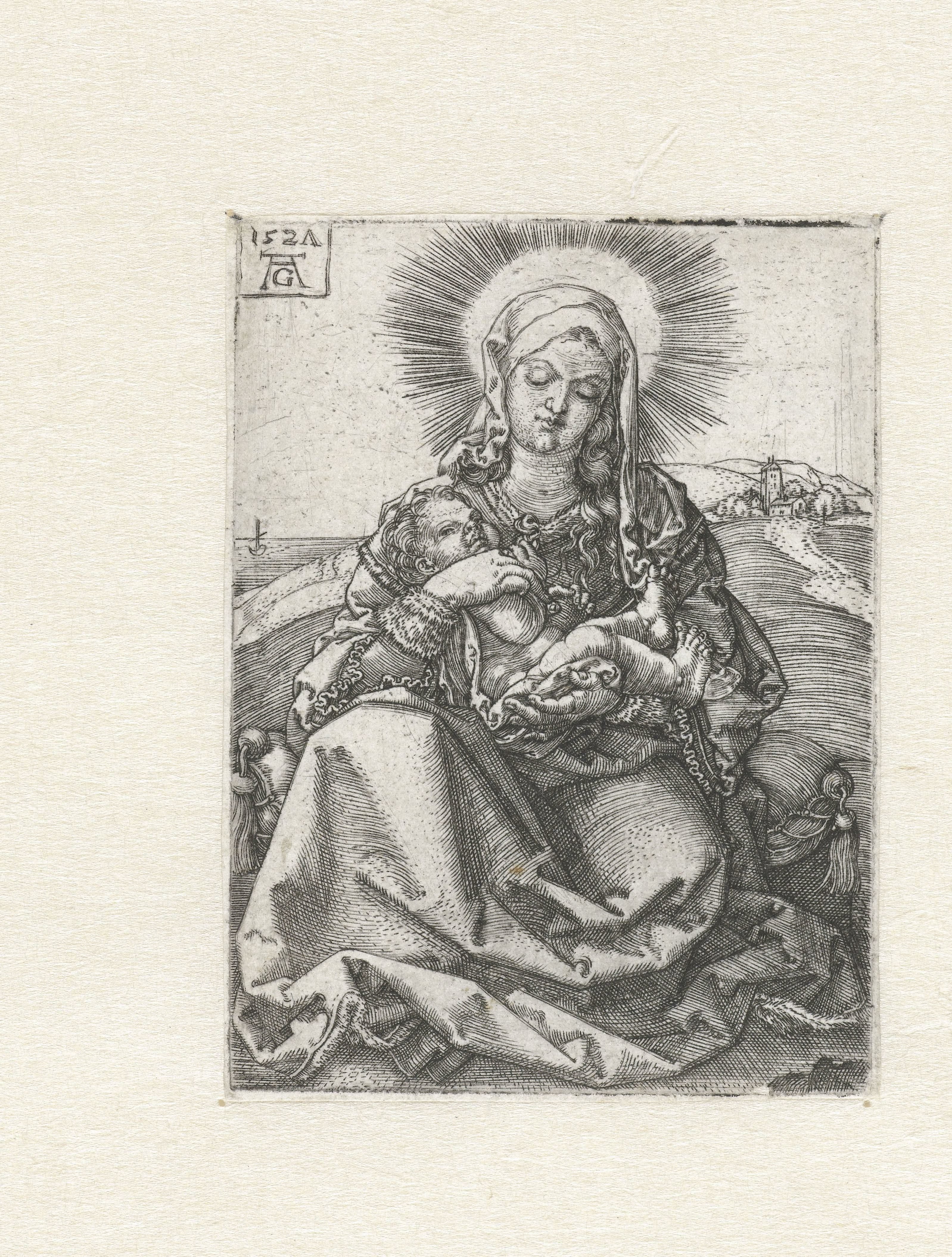 Madonna met kind zittend in een landschap