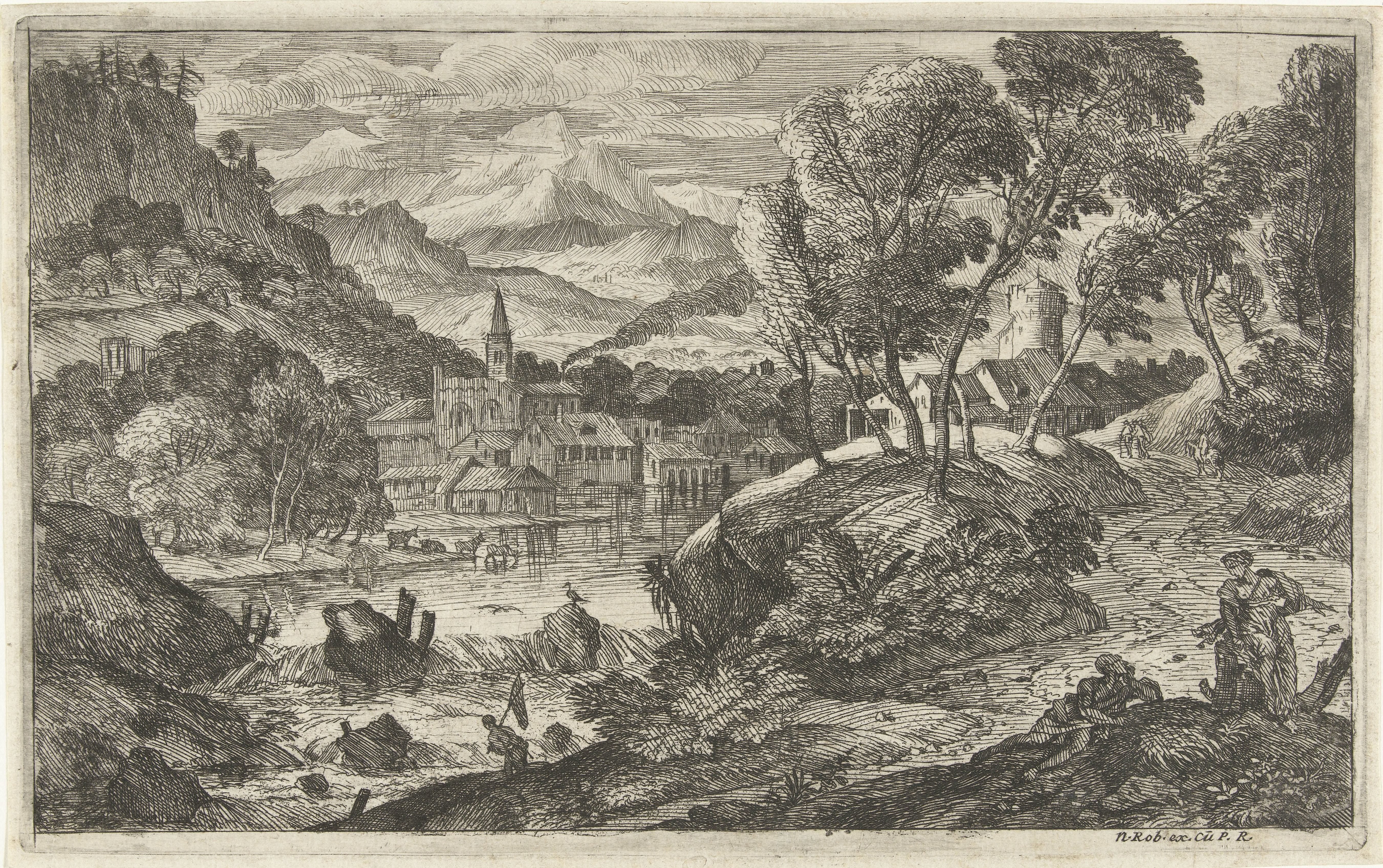 Landschap met waterval en dorp