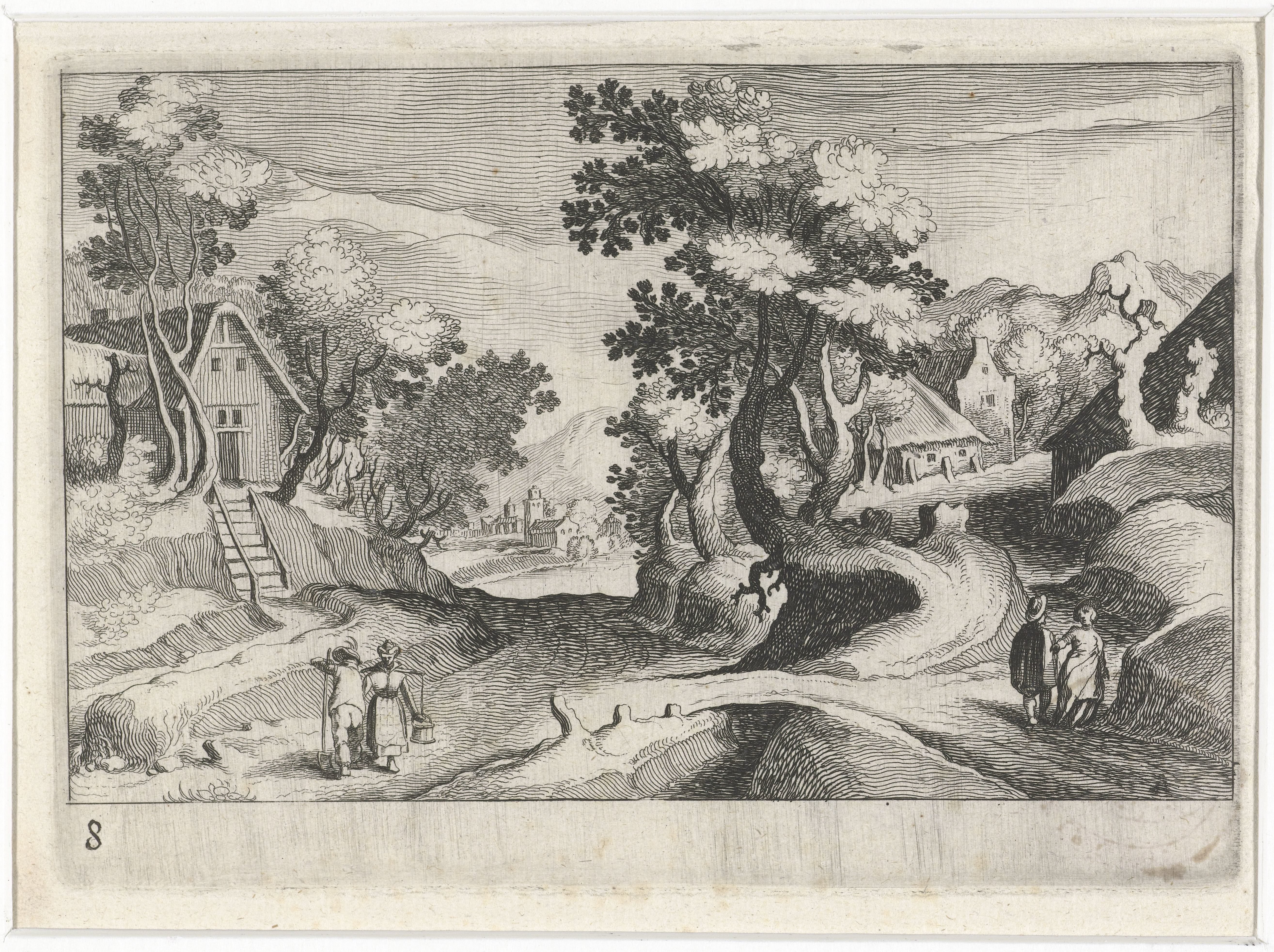 Bosrijk heuvellandschap met gebouwen en figuren