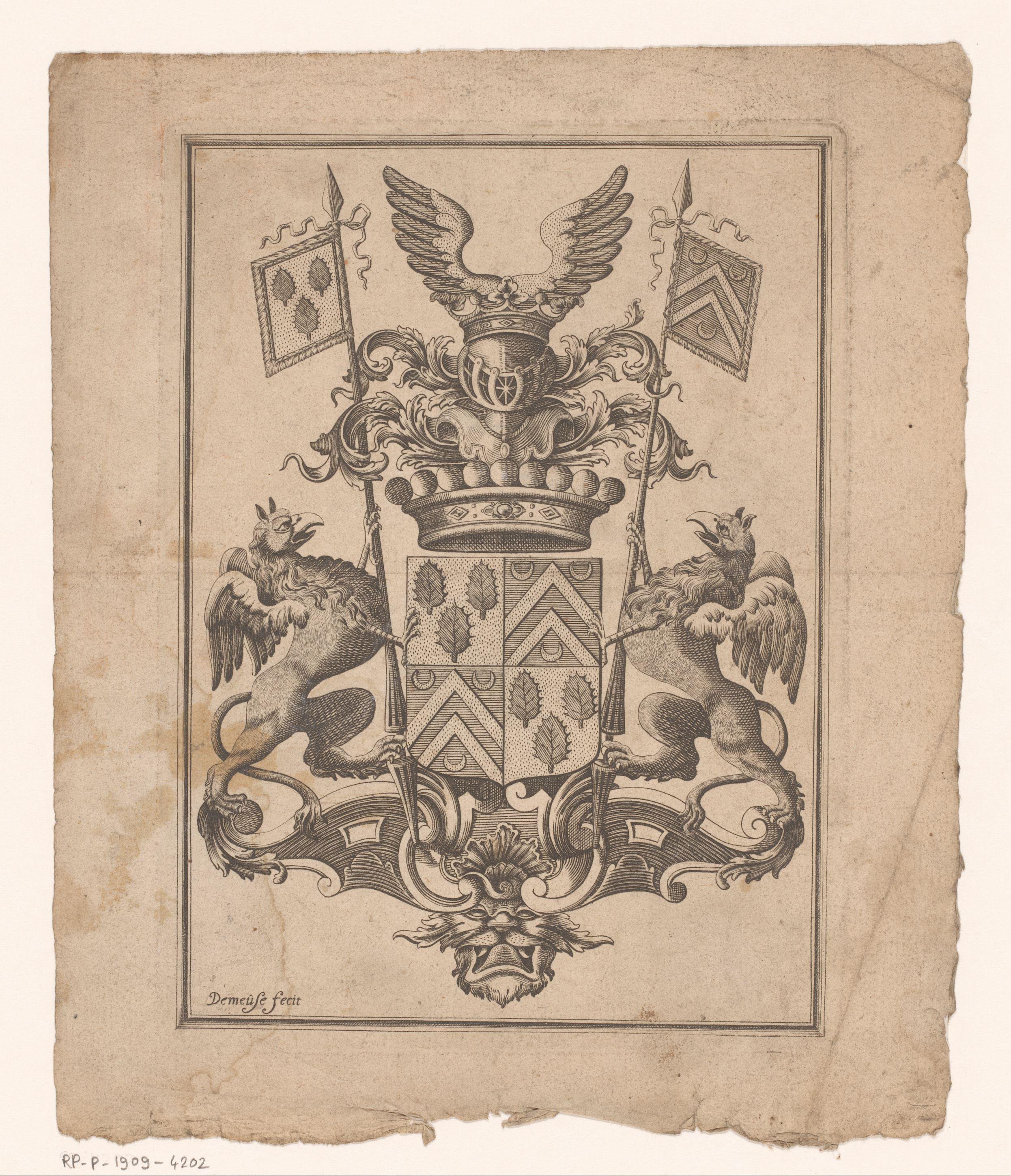 Wapenschild met twee griffioenen en een gevleugelde helm