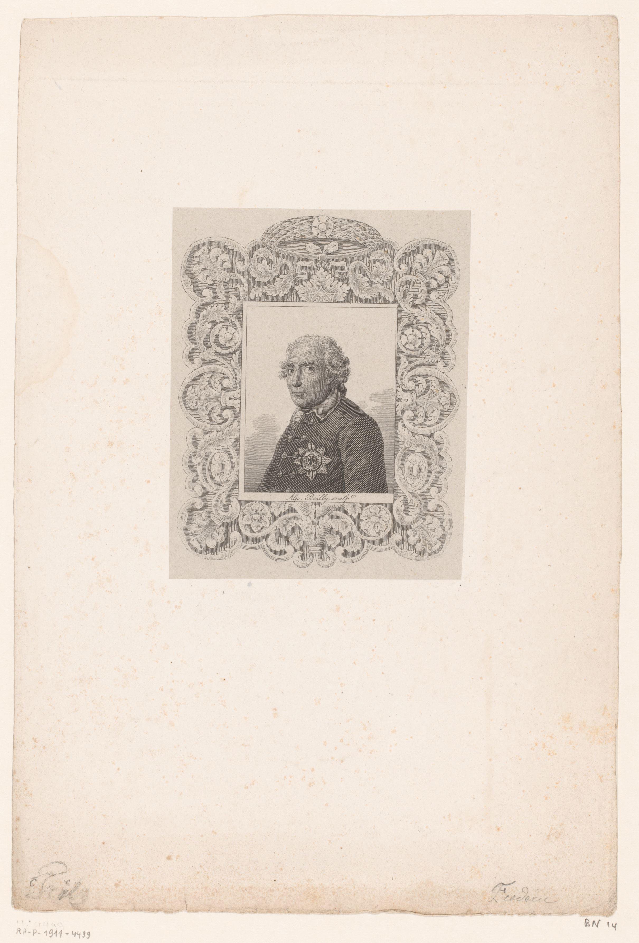 Portret van Frederik II van Pruisen in versierde lijst