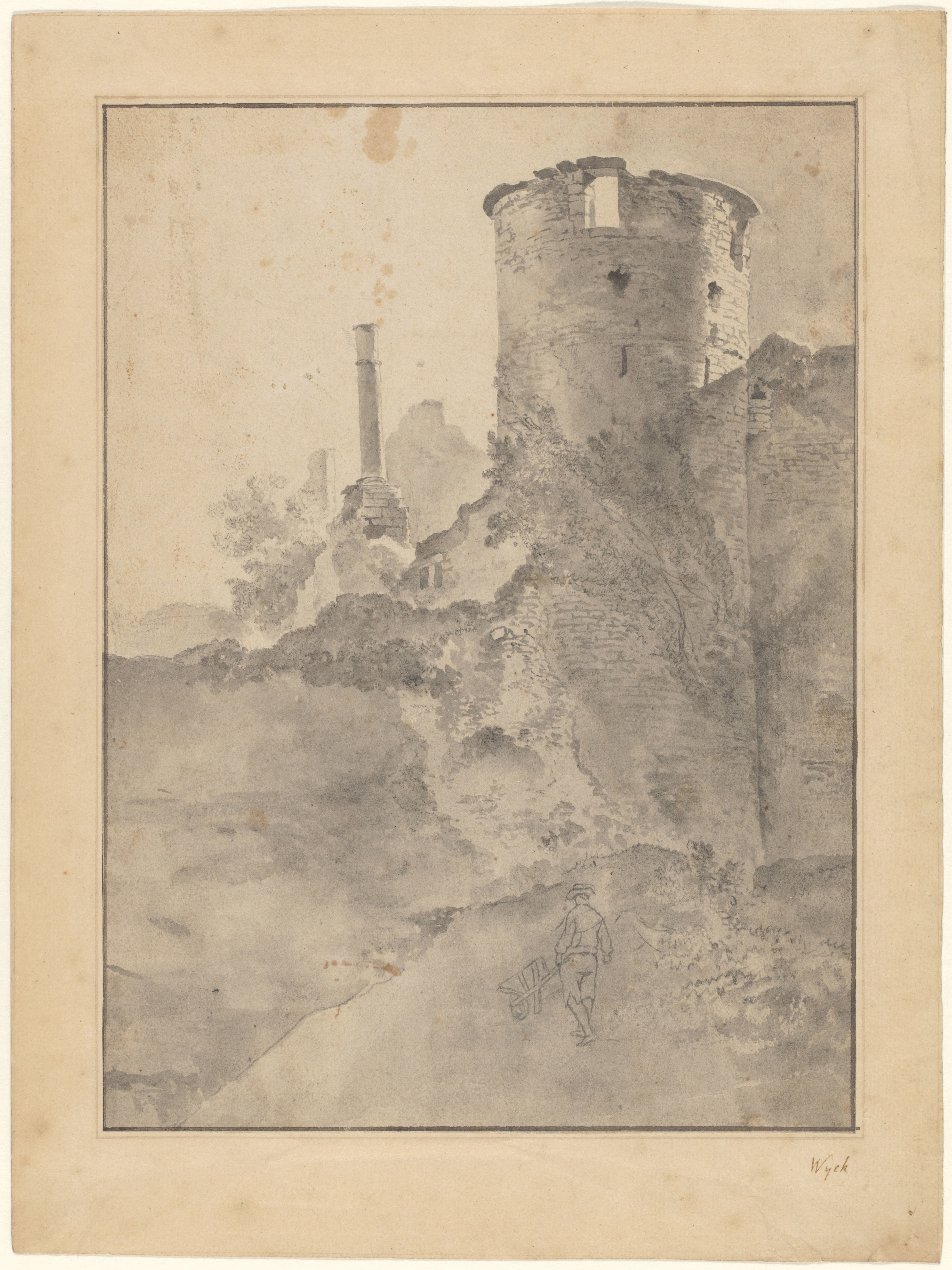 View of an Italianate Round Tower by a Ruined Wall