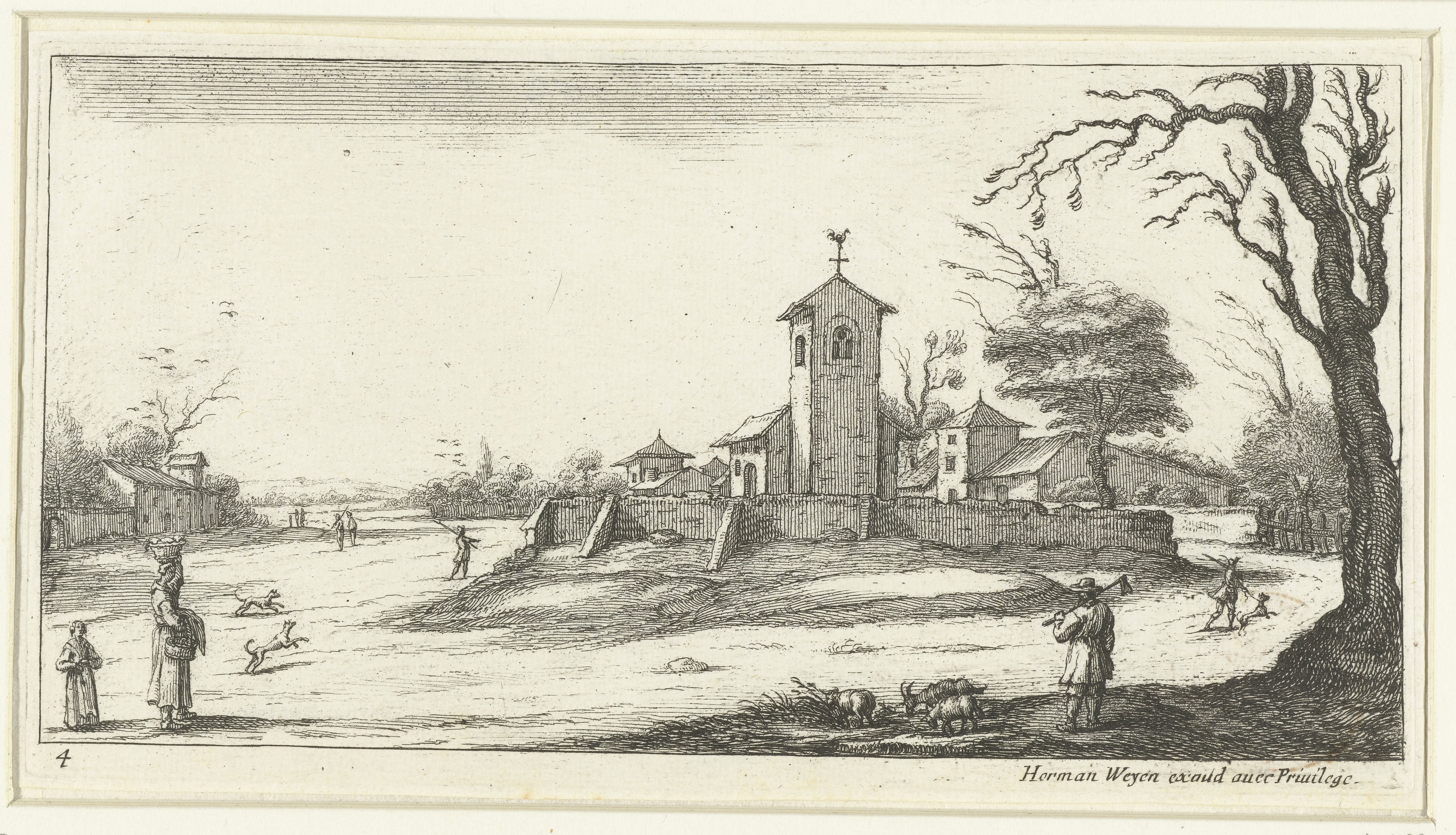 Landschap met een kerk, op de toren gezien