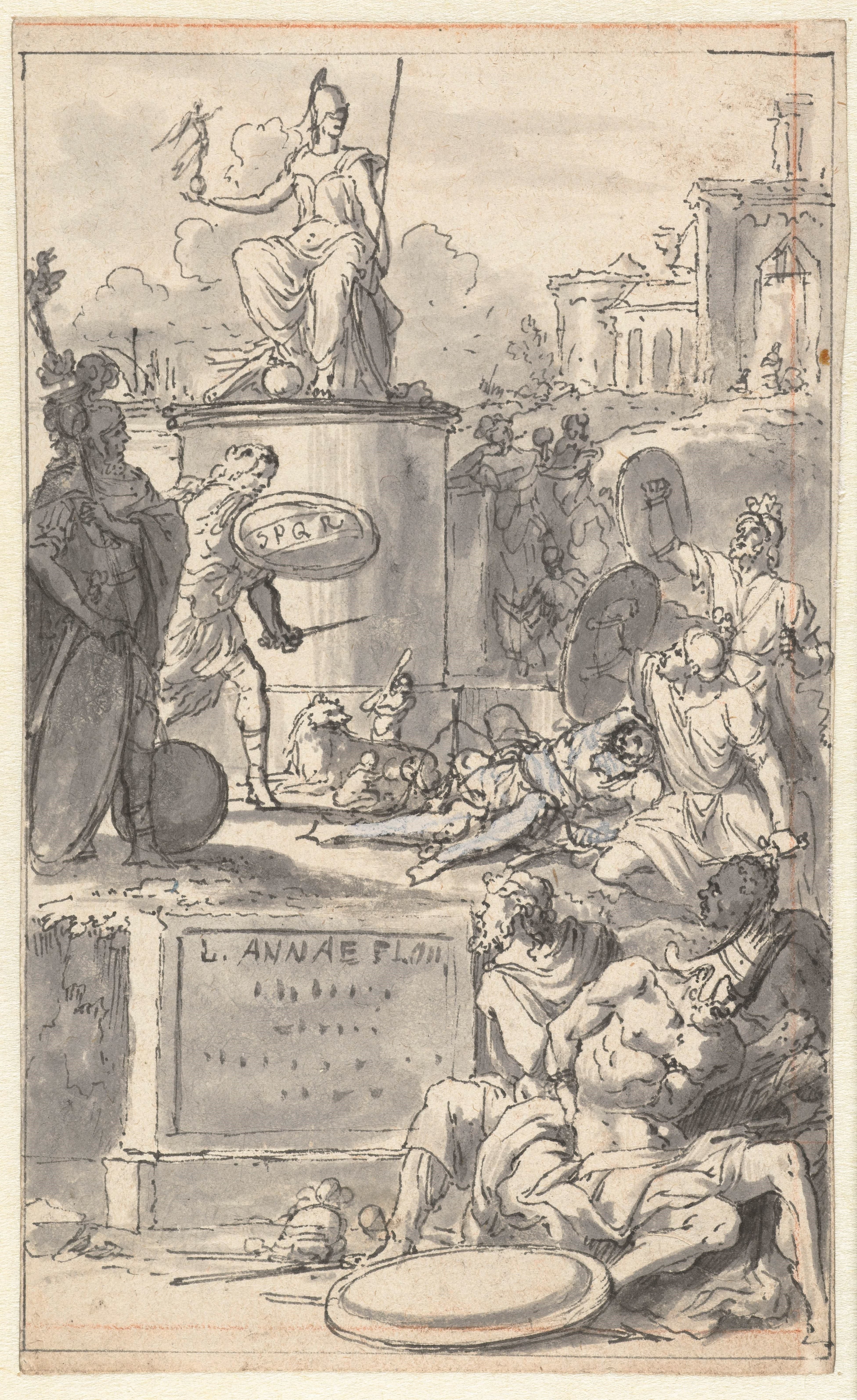 Figuren rond een standbeeld van de Minerva als Roma