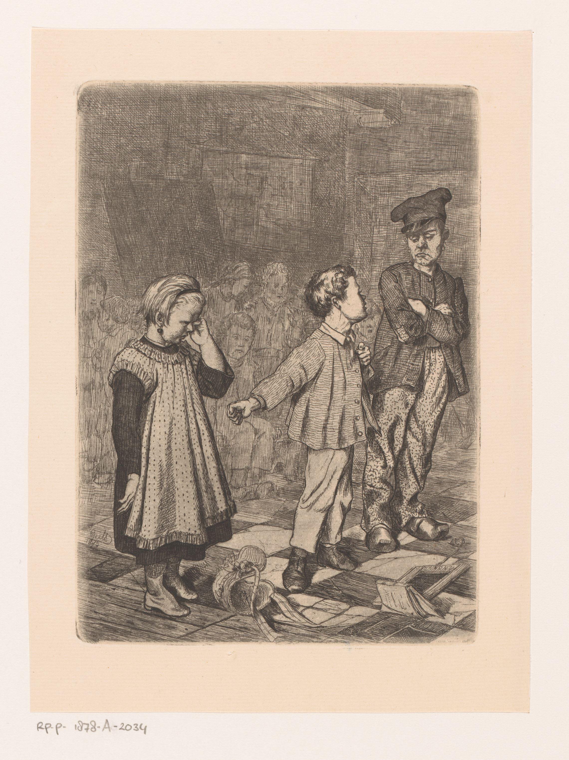 Groep kinderen met een huilend meisje en een jongen die met de leraar praat