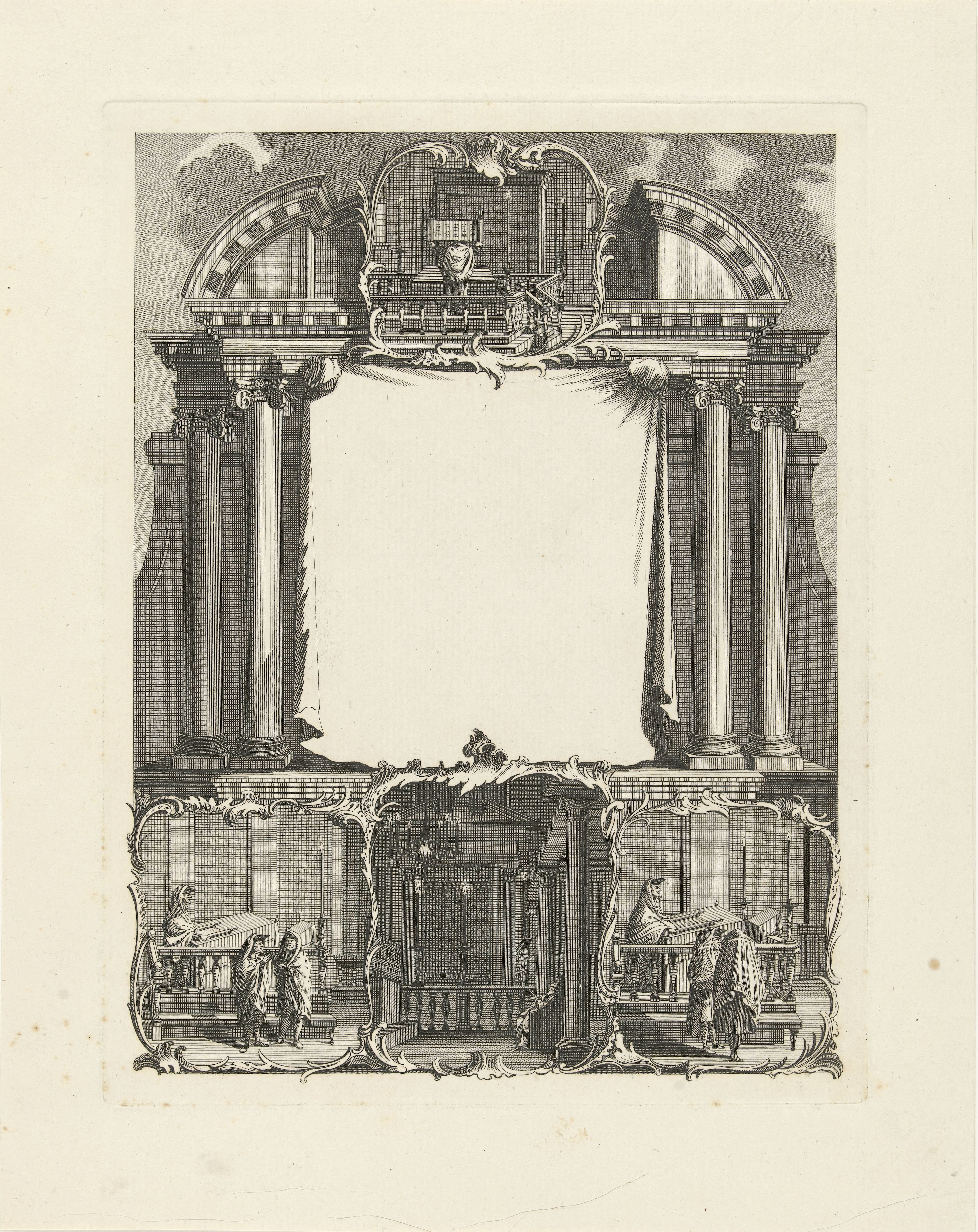 Architectonische gevel met illustraties van een synagoge-interieur