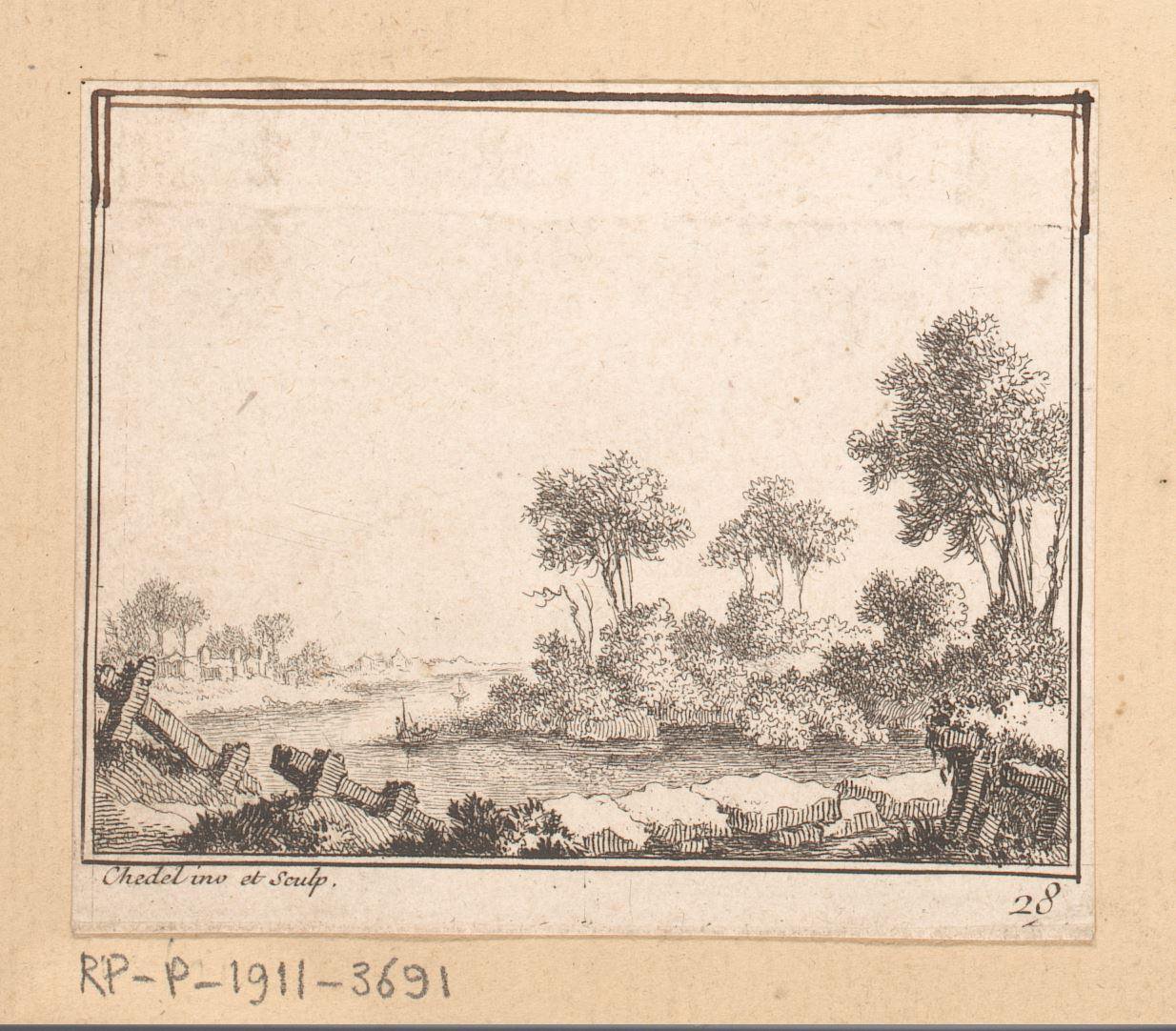 Landschap met een eiland en een hek langs een pad