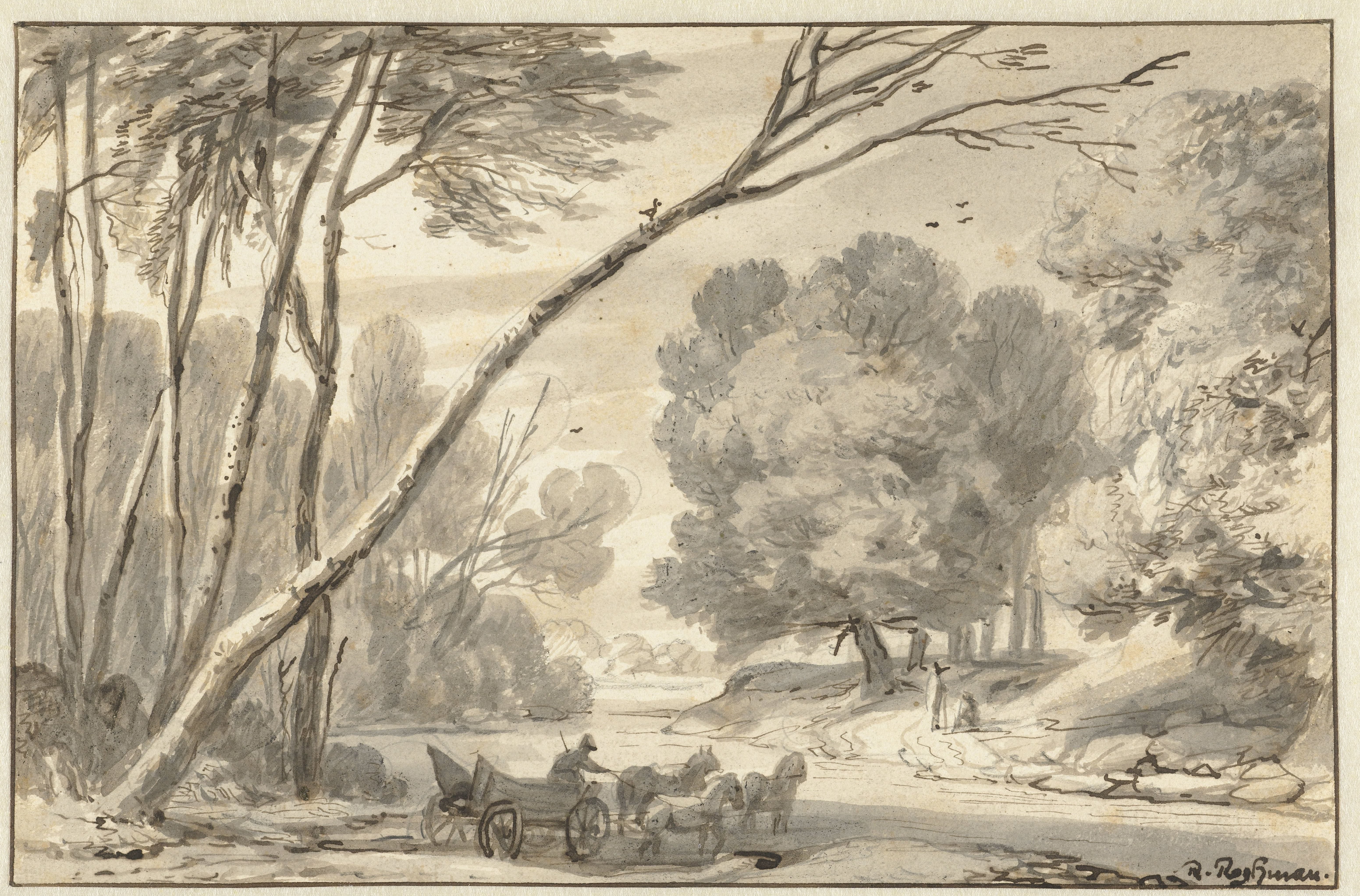Wooded Landscape with a Cart and Horses Crossing a Ford