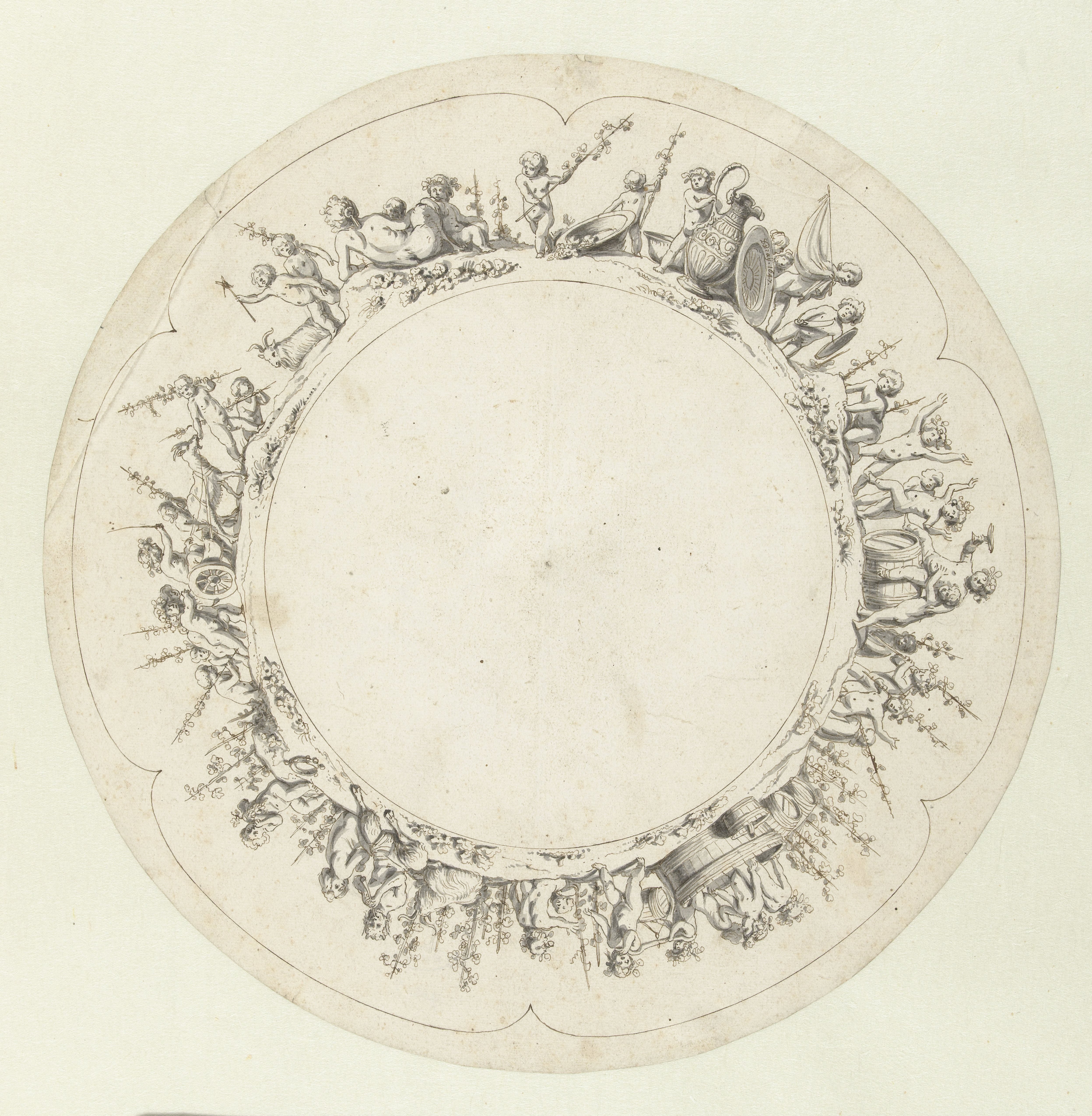 Design for a Silver Dish, the Rim Decorated with Cupids, a Nude Woman and Two Satyrs