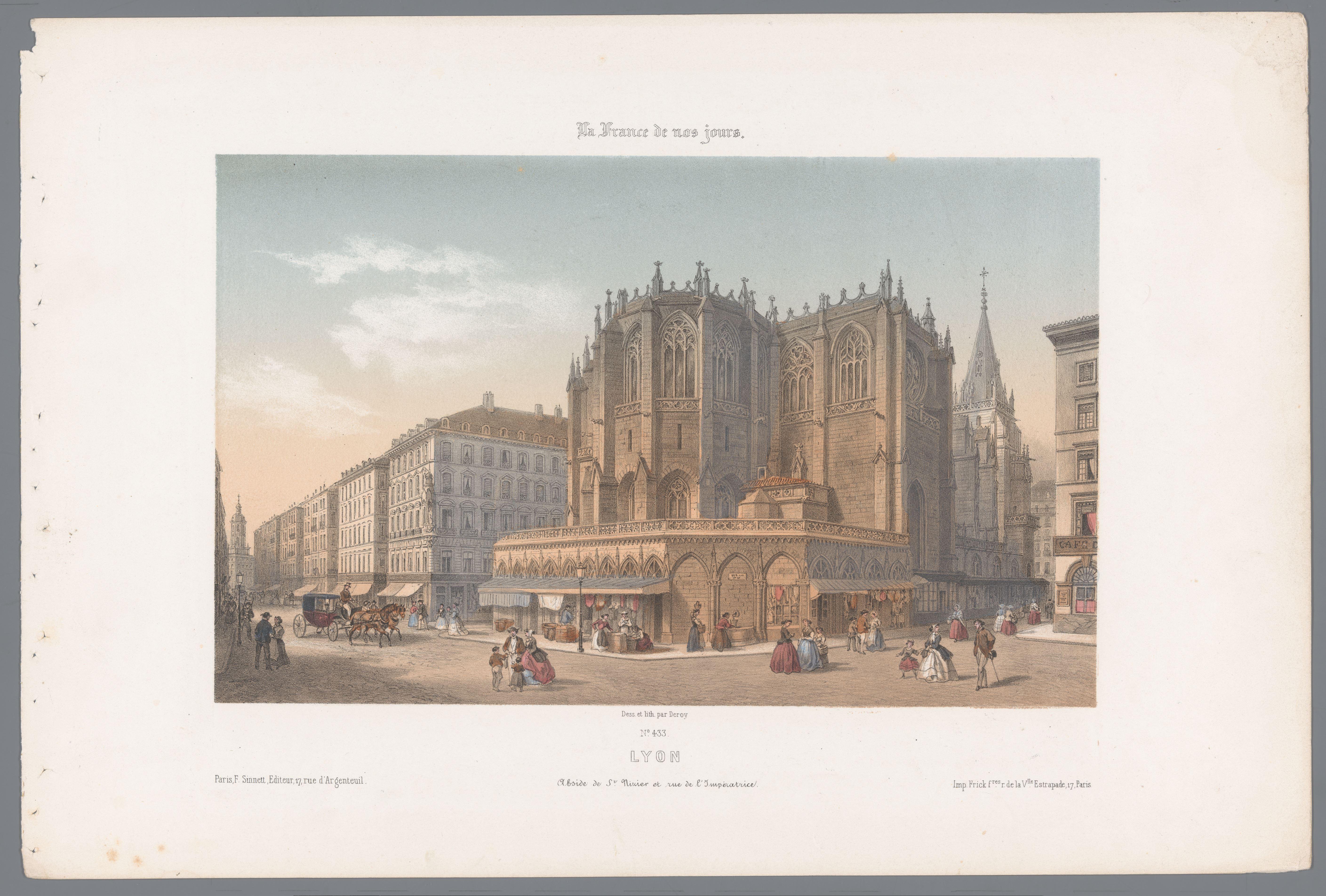 Zicht op de kerk Saint-Nizier en de rue de l'Impératrice te Lyon