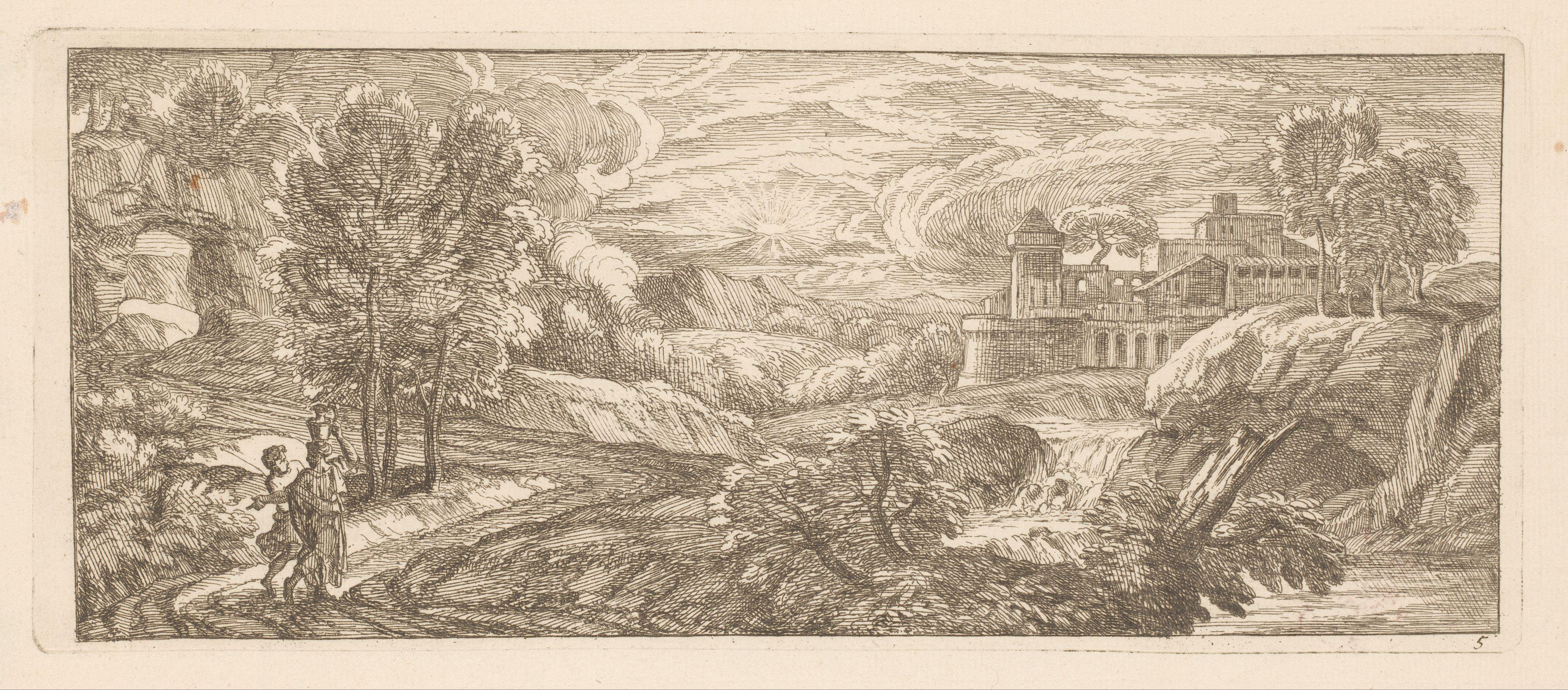 Rivierlandschap met twee wandelende figuren