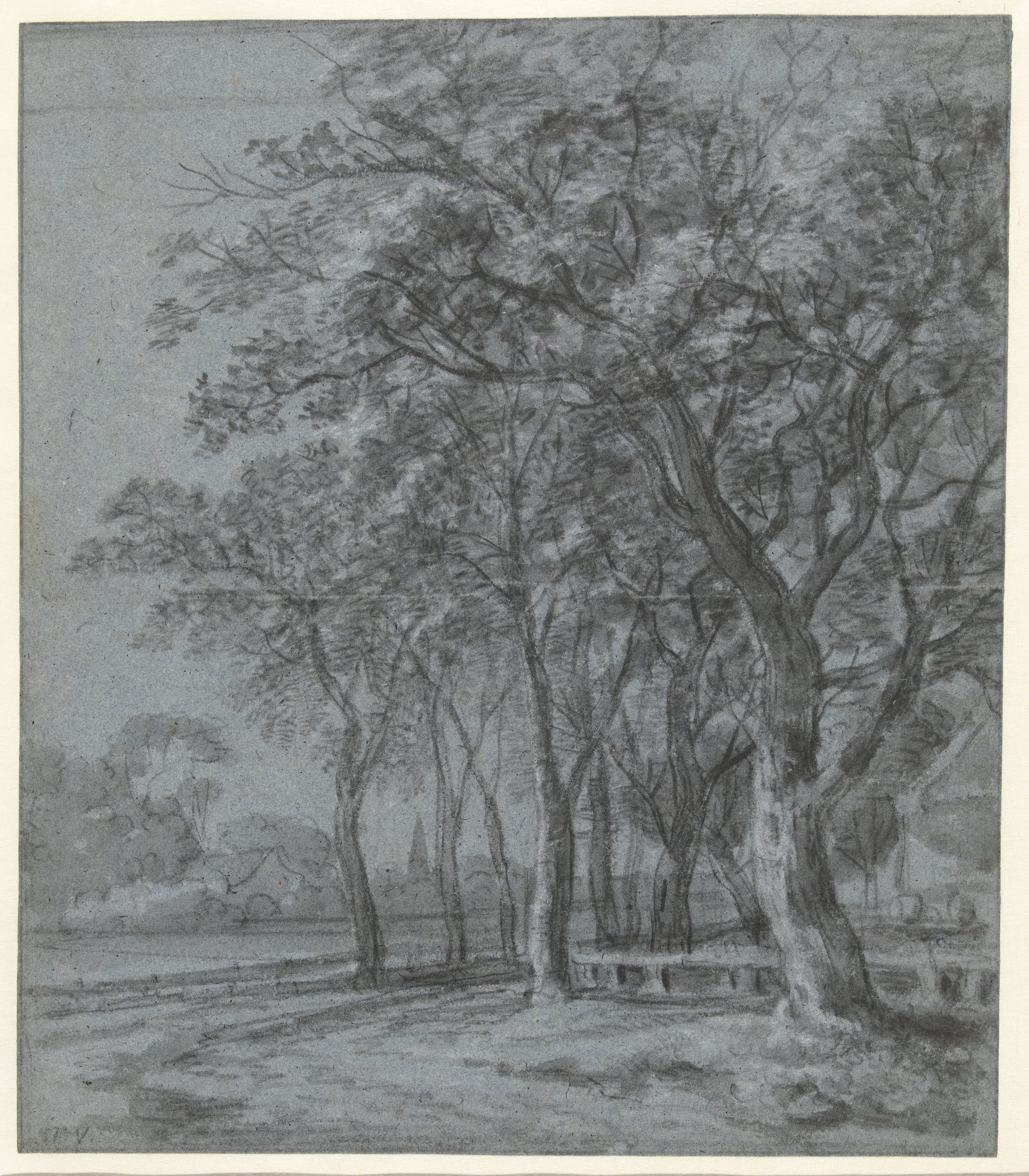 Pad met bomen langs het omheinde erf van een huis