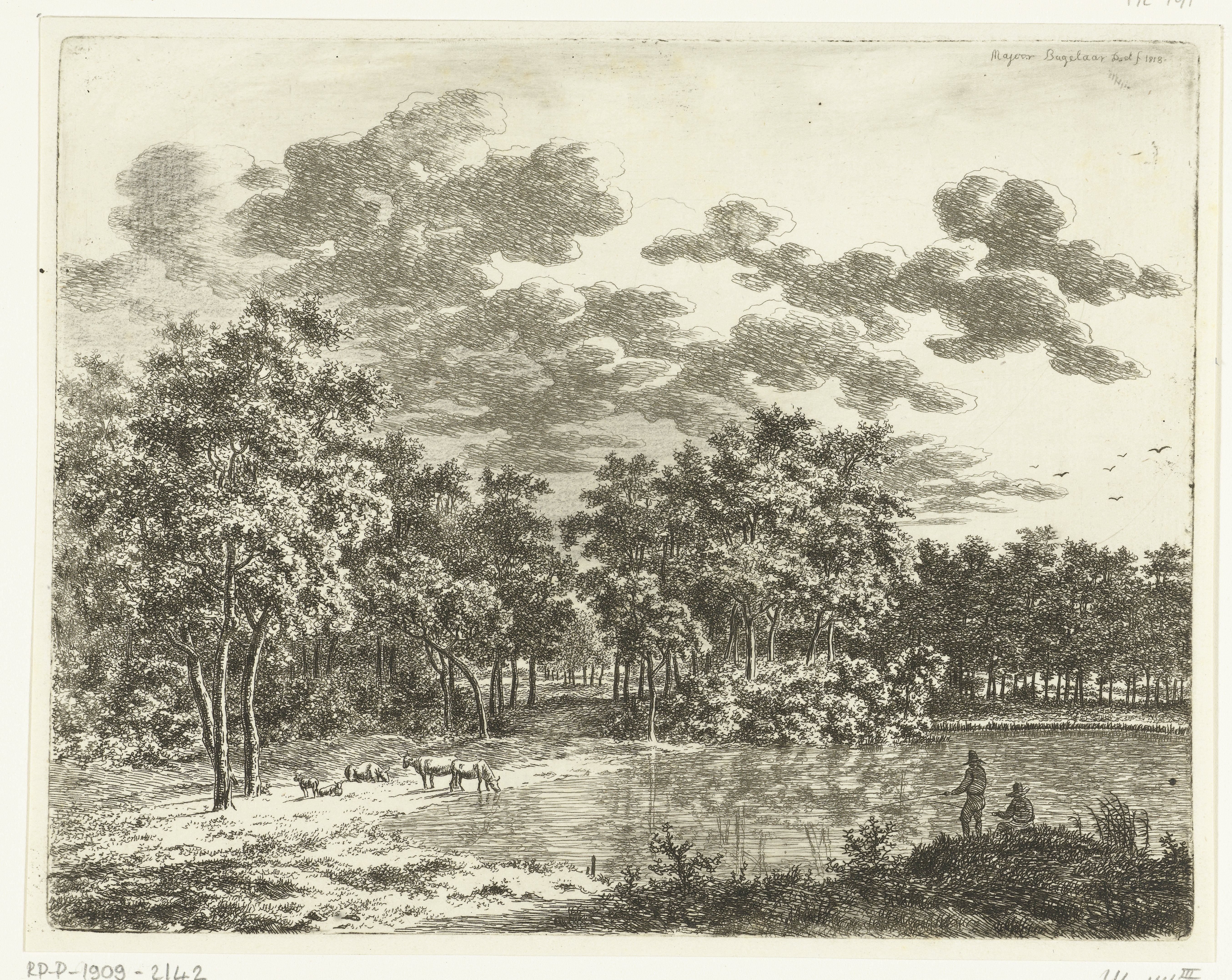 Landschap met vijver en twee hengelende vissers