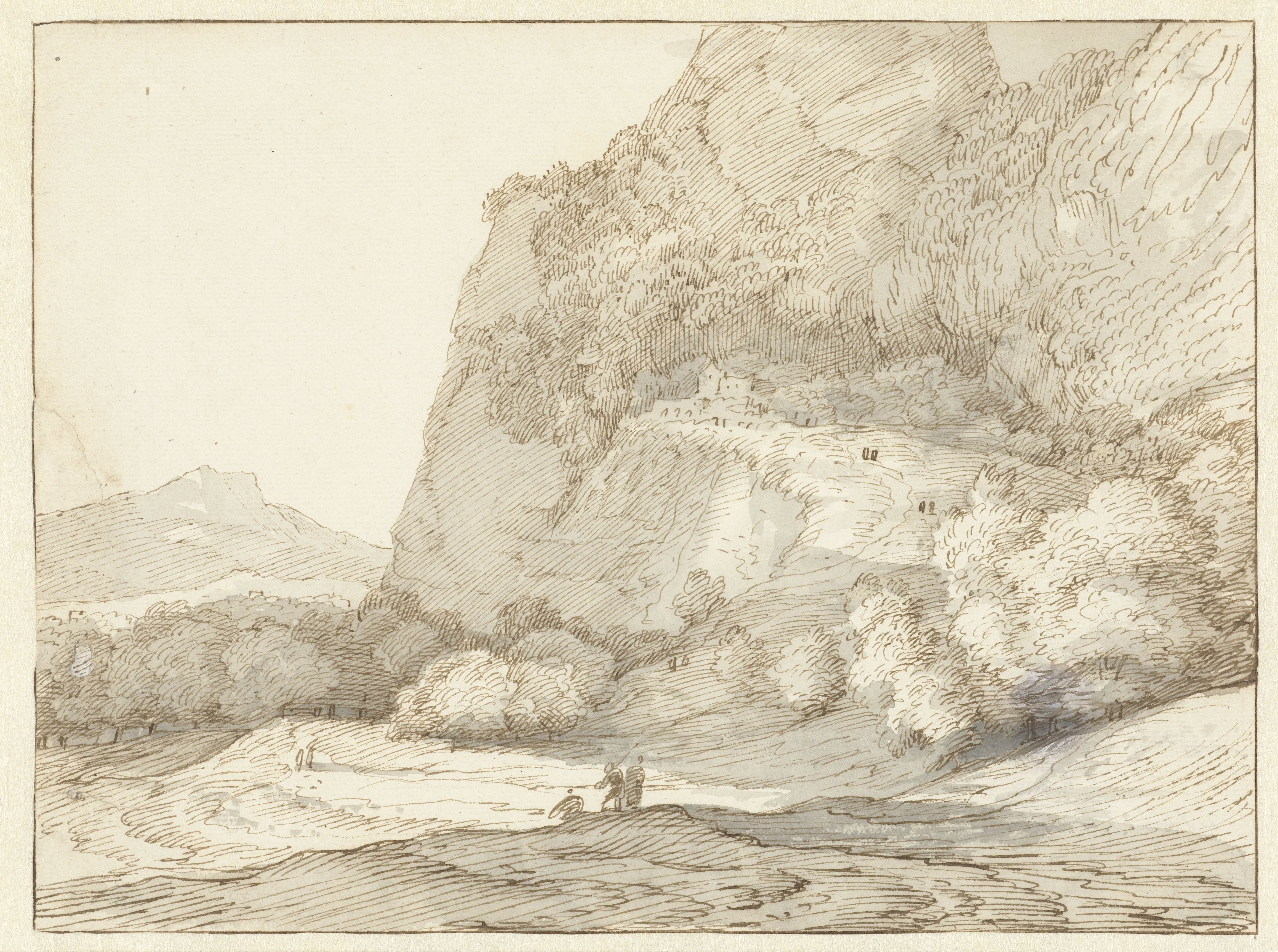 Bergachtig landschap met op de voorgrond drie figuren