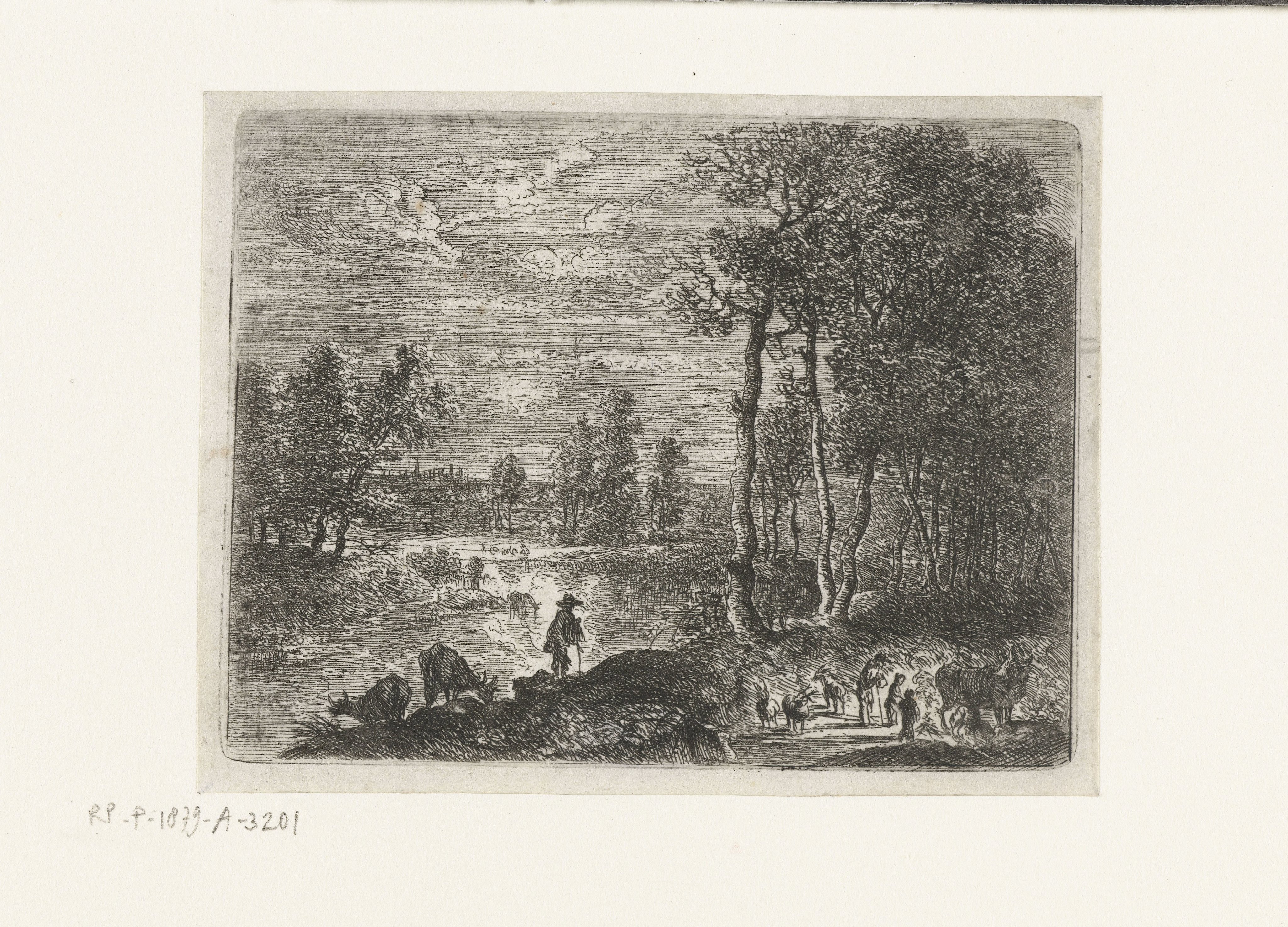 Landschap bij nacht met boeren en vee