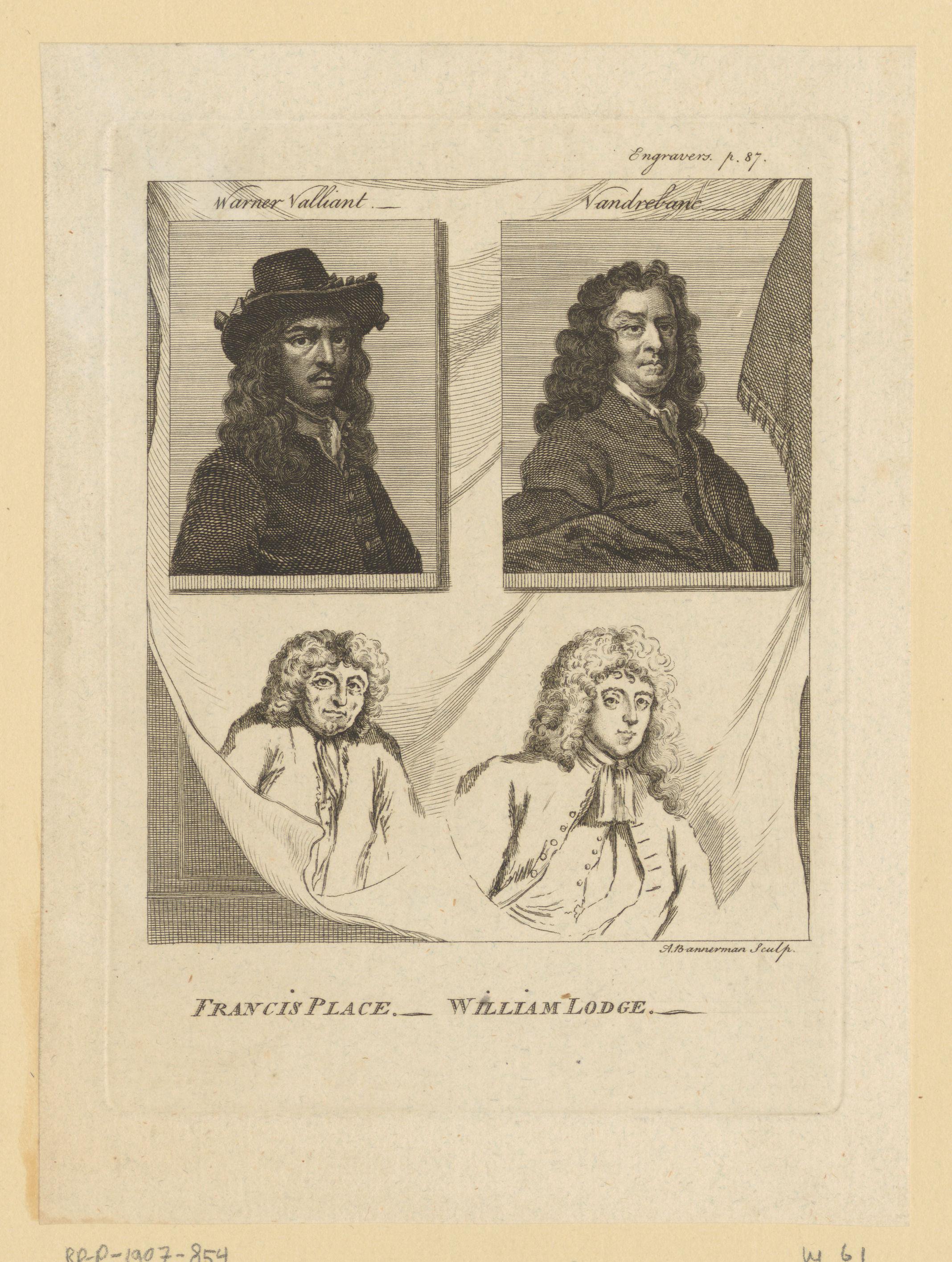 Vier portretten van Wallerant Vaillant, Pieter van der Banck, Francis Place en William Lodge