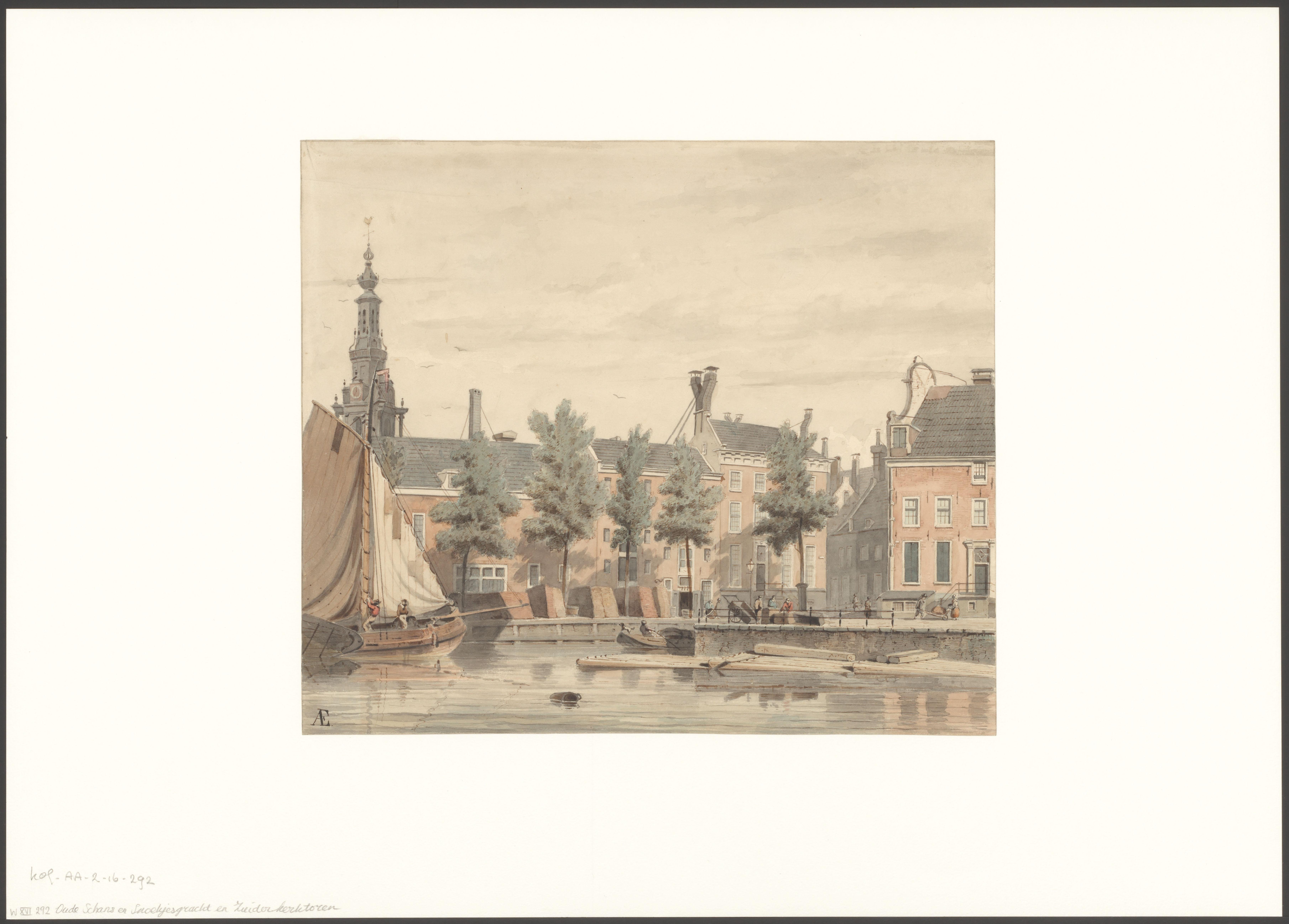 Gezicht op de Oudeschans, de Snoekjessteeg en de Zuiderkerkstoren