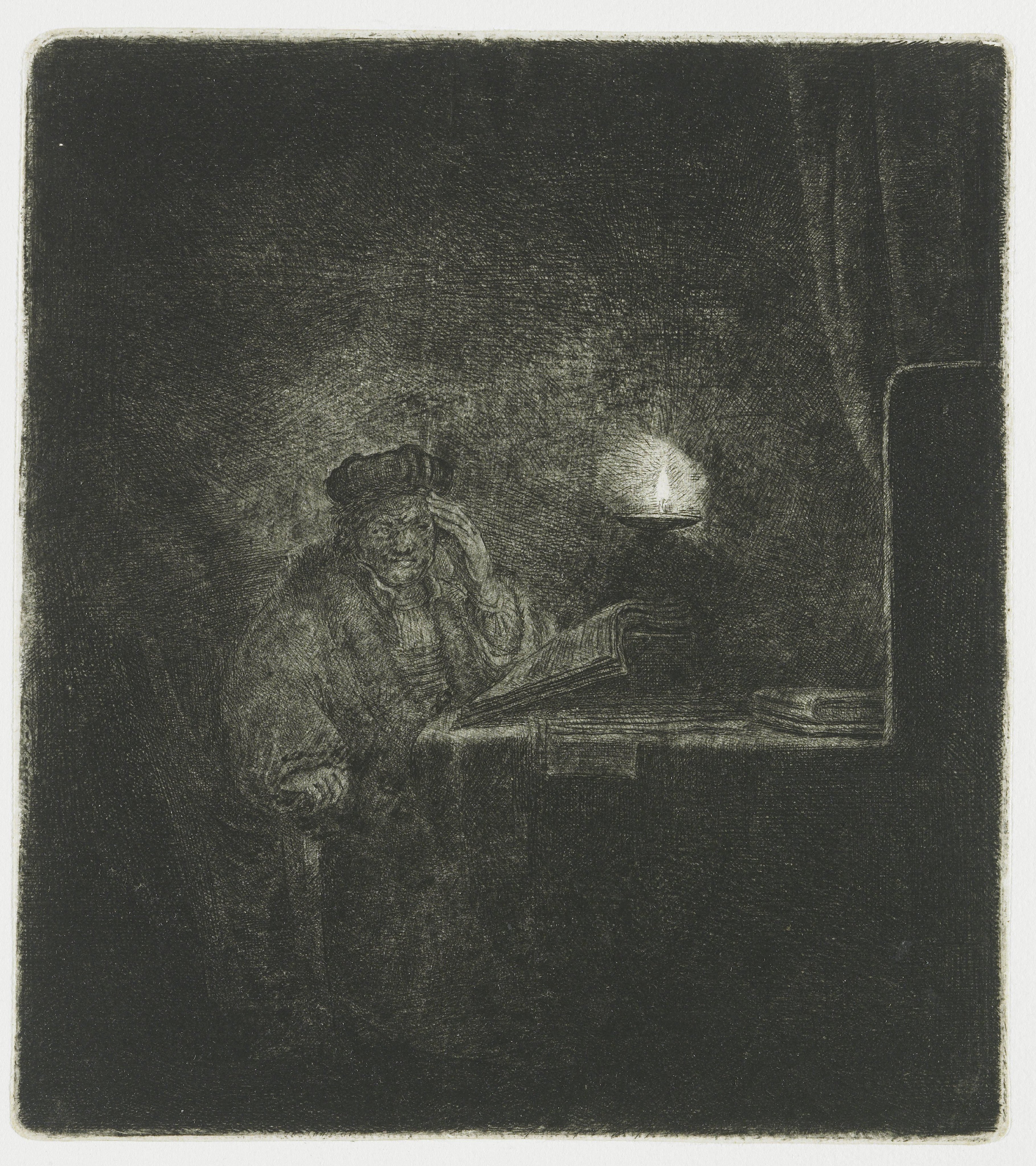 Student at a table by candlelight