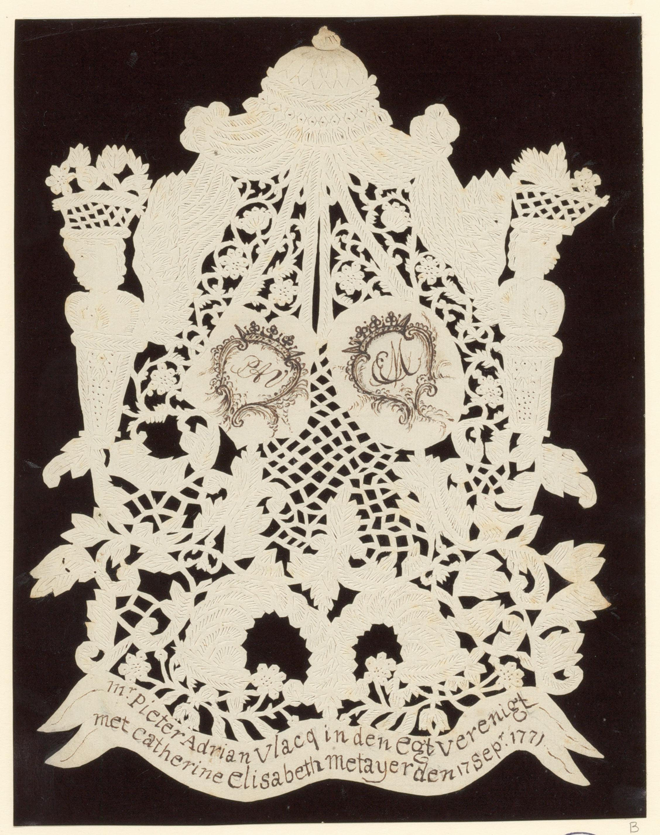 Huwelijksknipsel met twee monogrammen van Pieter Adrian Vlacq en Catherine Elisabeth Metayer