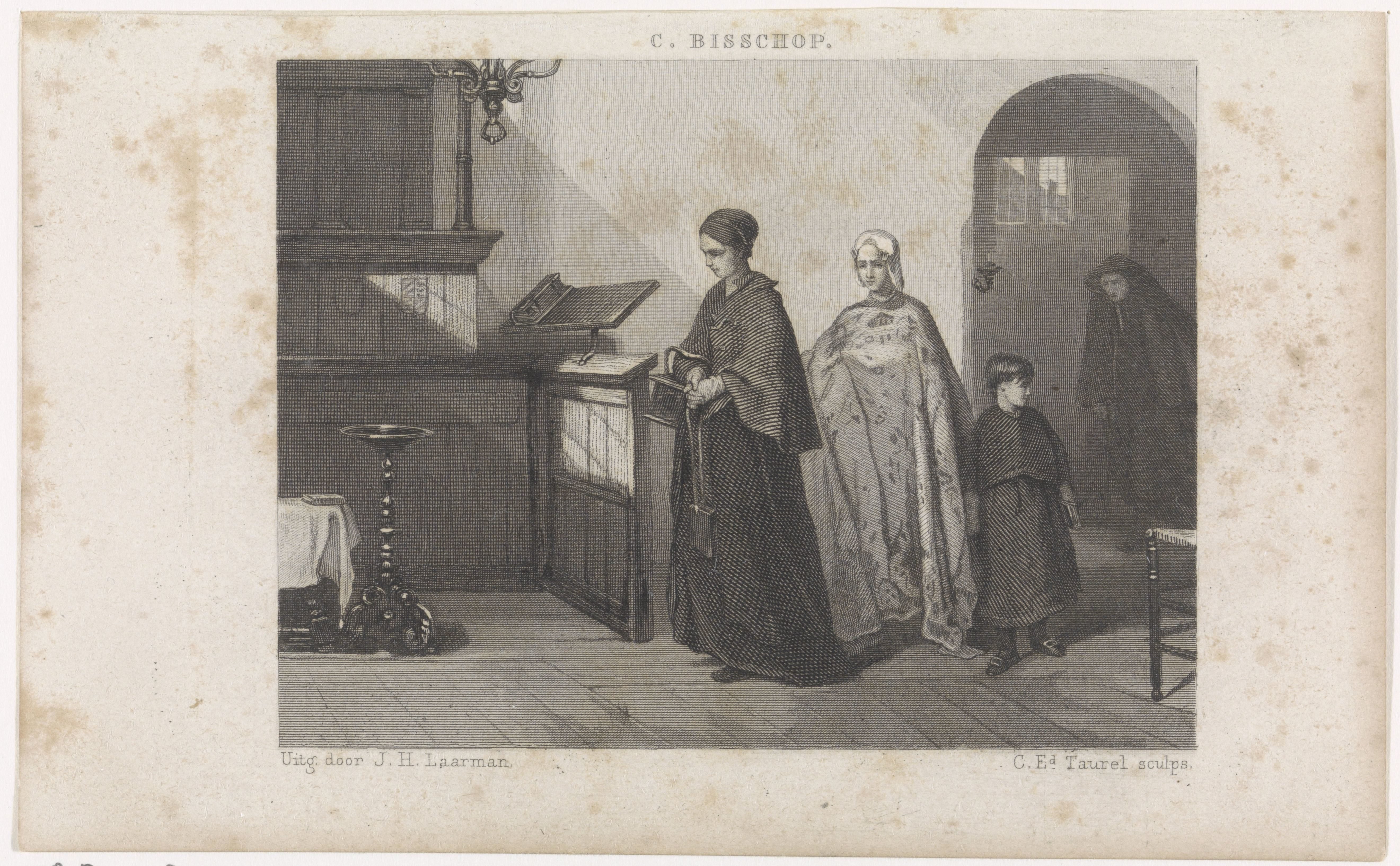 Drie vrouwen en een meisje in een kerkinterieur
