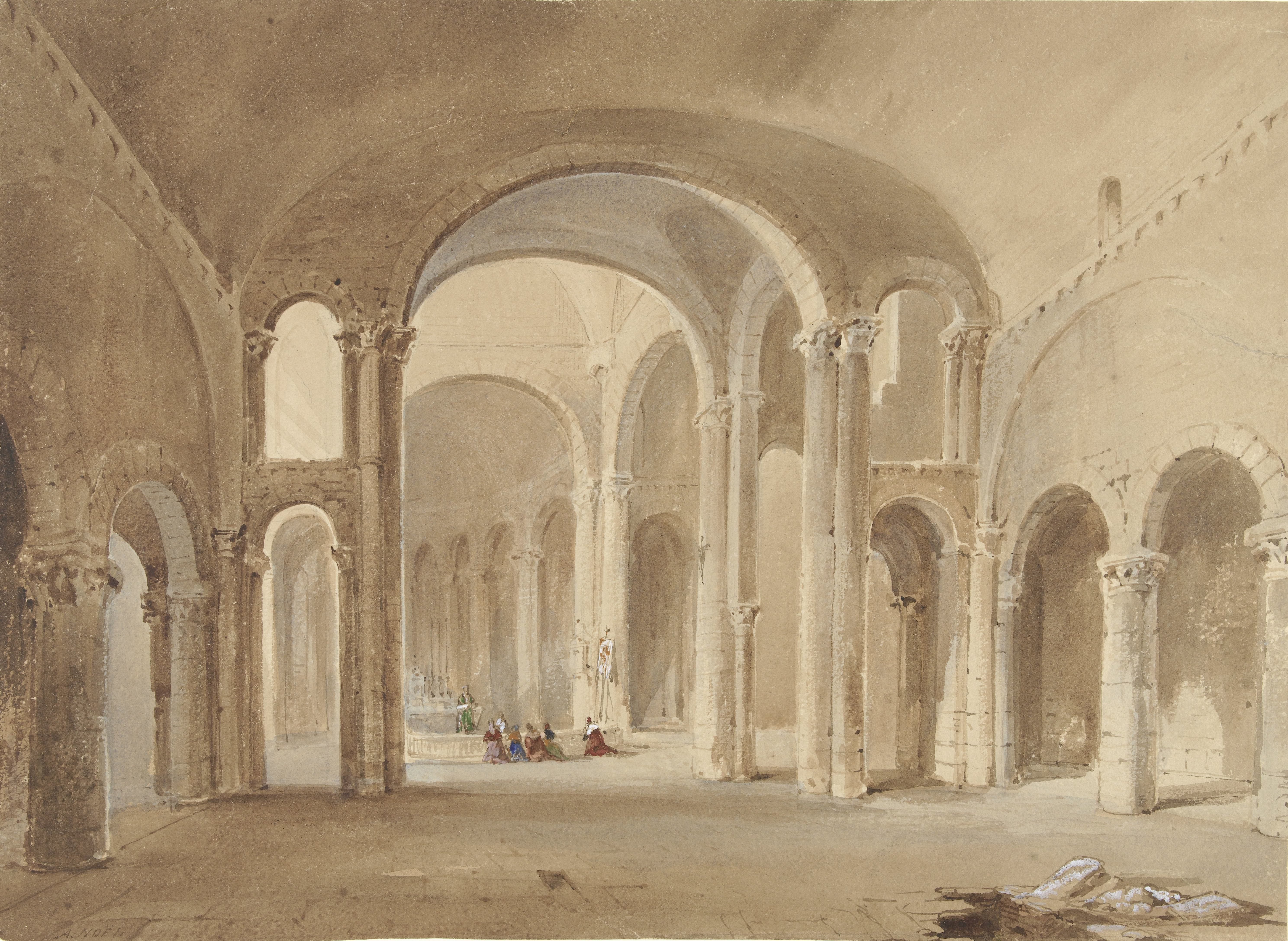 Interieur van S. Hilaire te Poitiers, met knielende figuren aan de Confessio