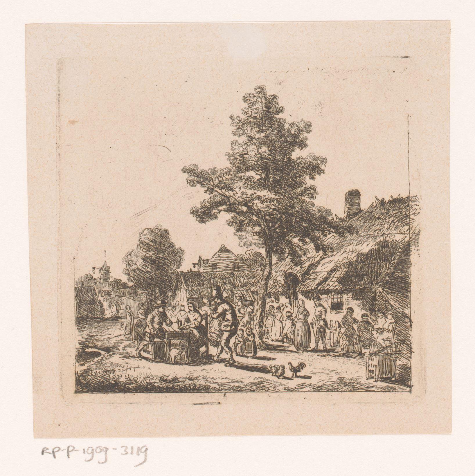 Dorpsgezicht met een groot gezelschap op een plein