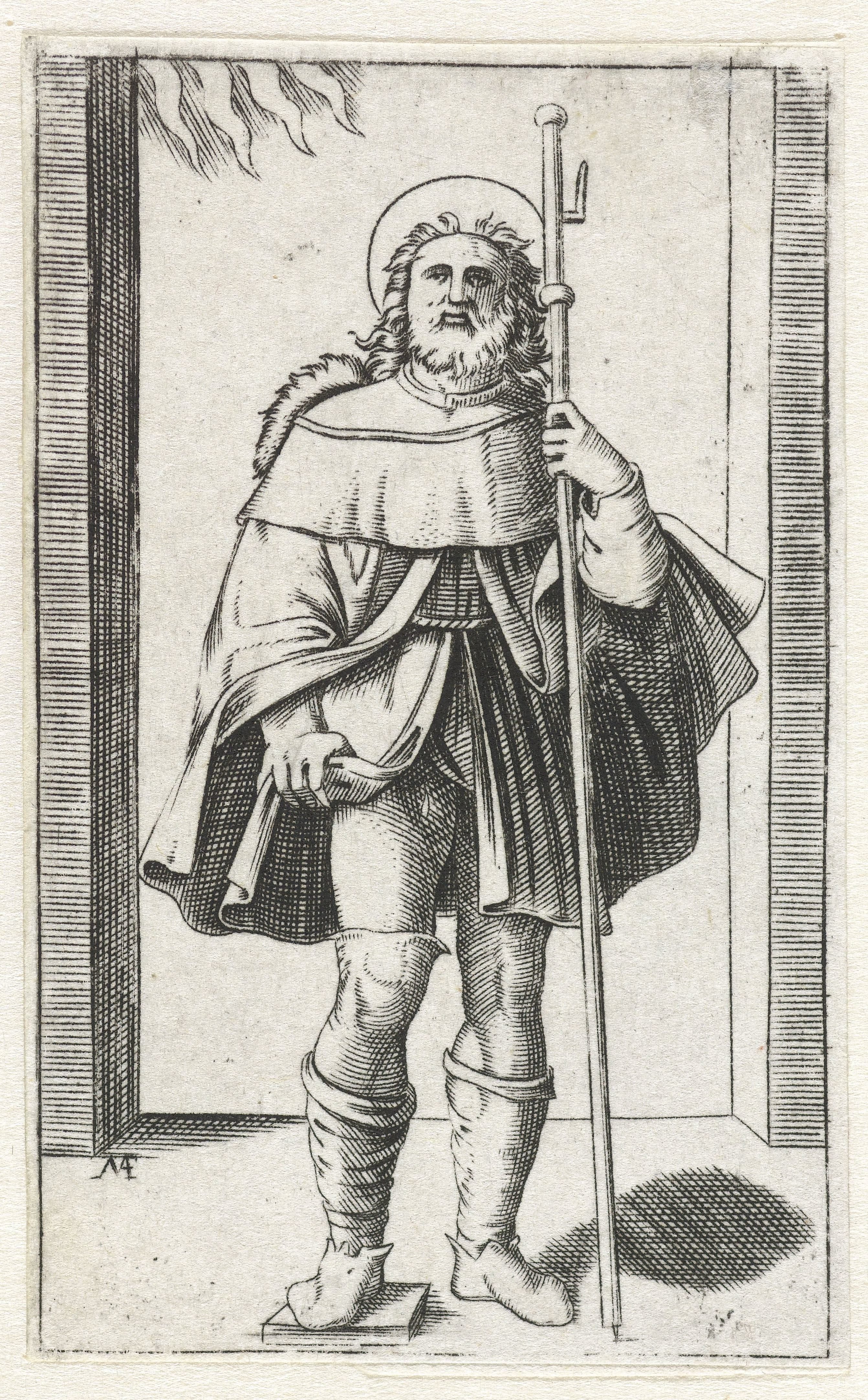 Heilige Rochus als pelgrim met pelgrimsstaf toont pestbult op been