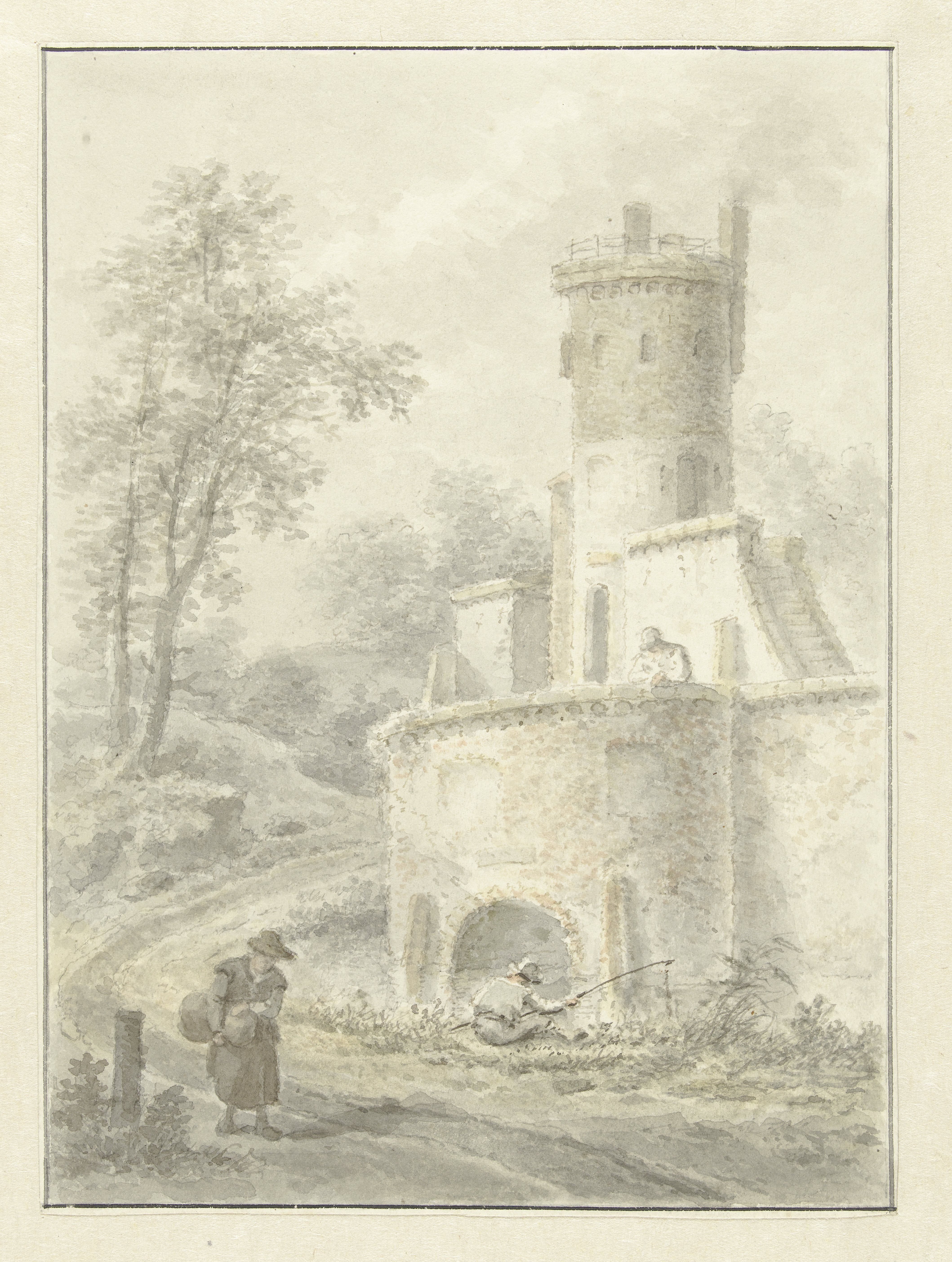 Landschap met hengelaar en wandelende vrouw bij een vestingtoren