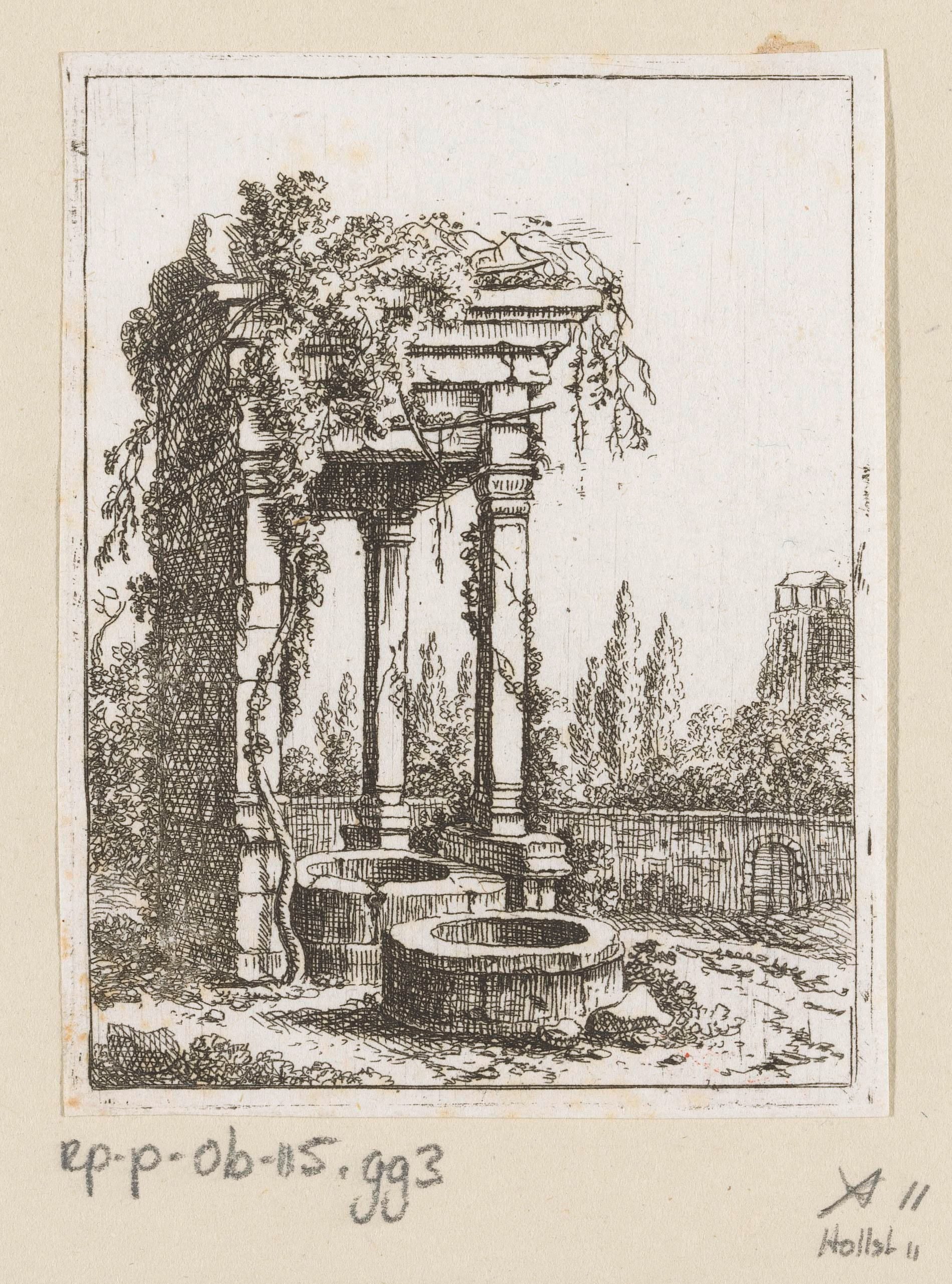 Twee waterputten voor de ruïne van een portico
