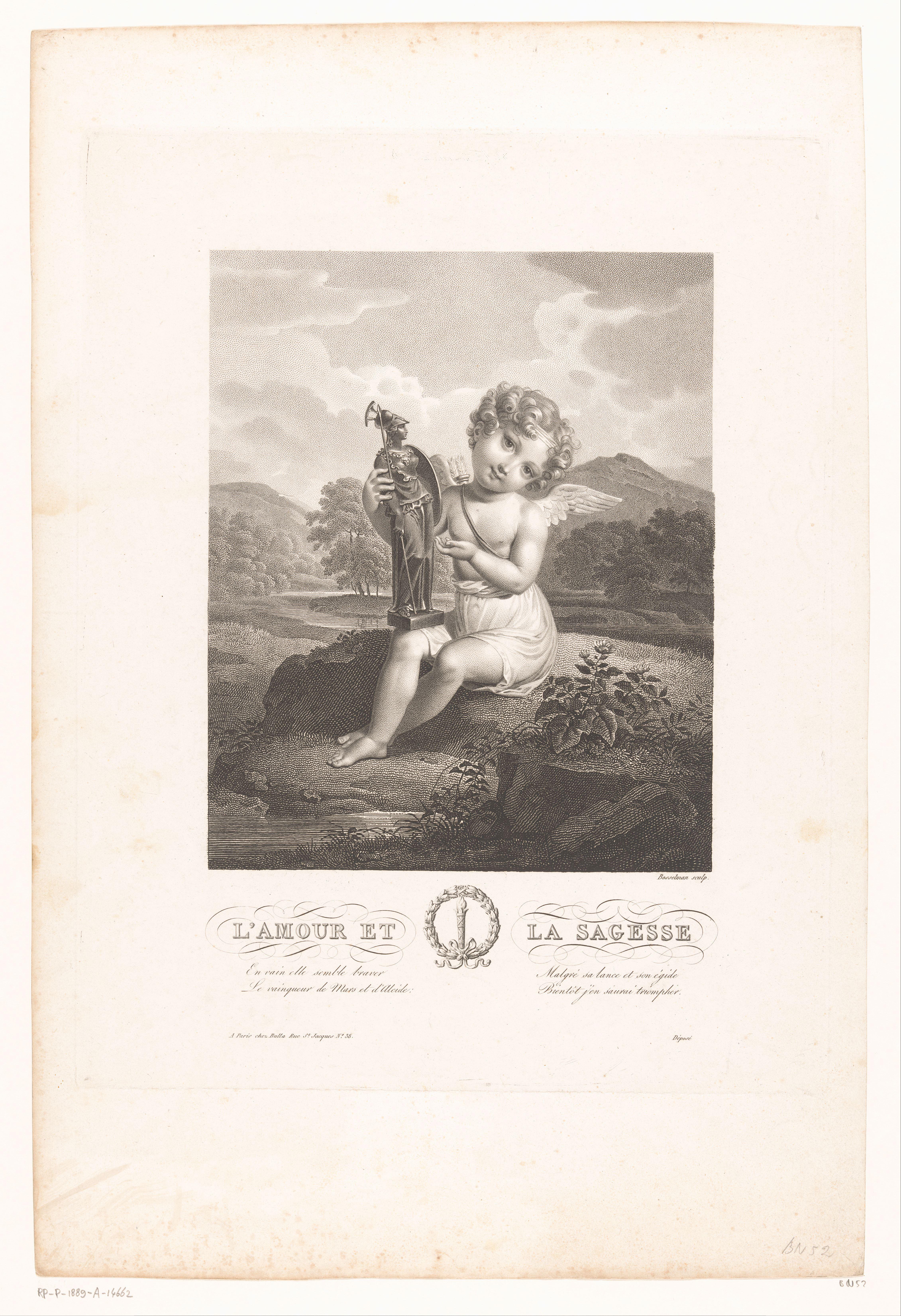 Lachende Amor met een beeld van Minerva