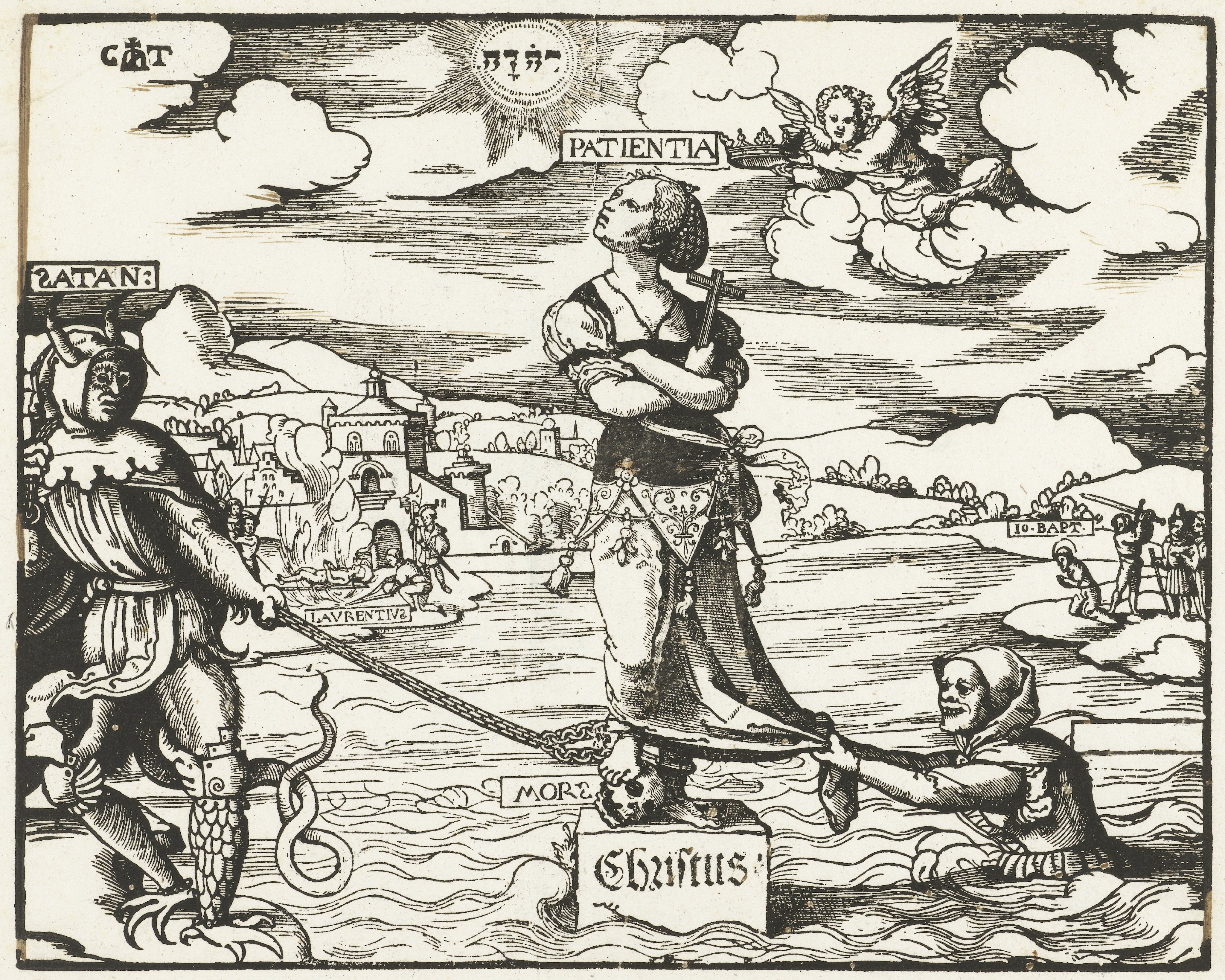 Geduld (Patientia) op een steen in het water