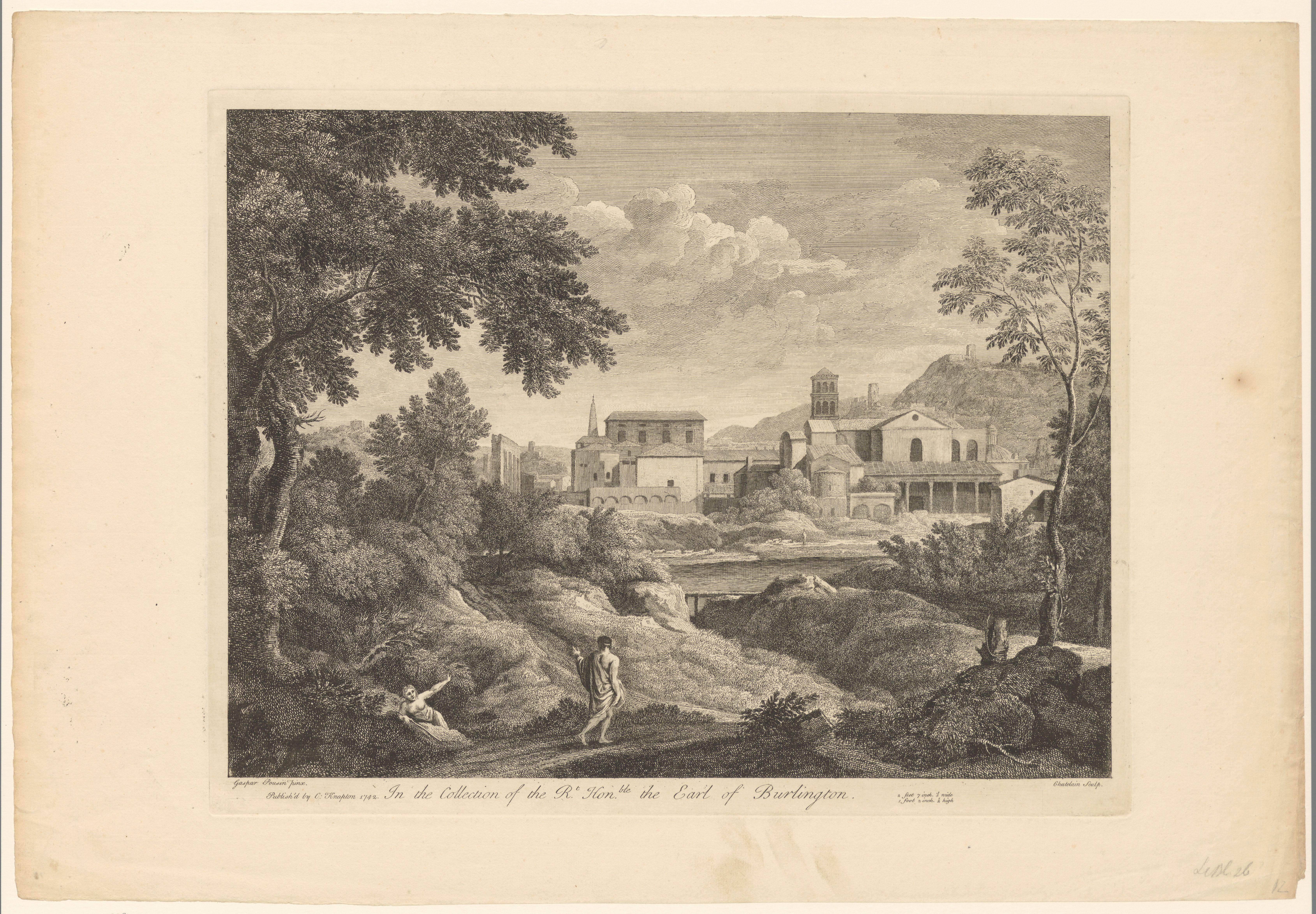 Landschap met twee figuren nabij een stad