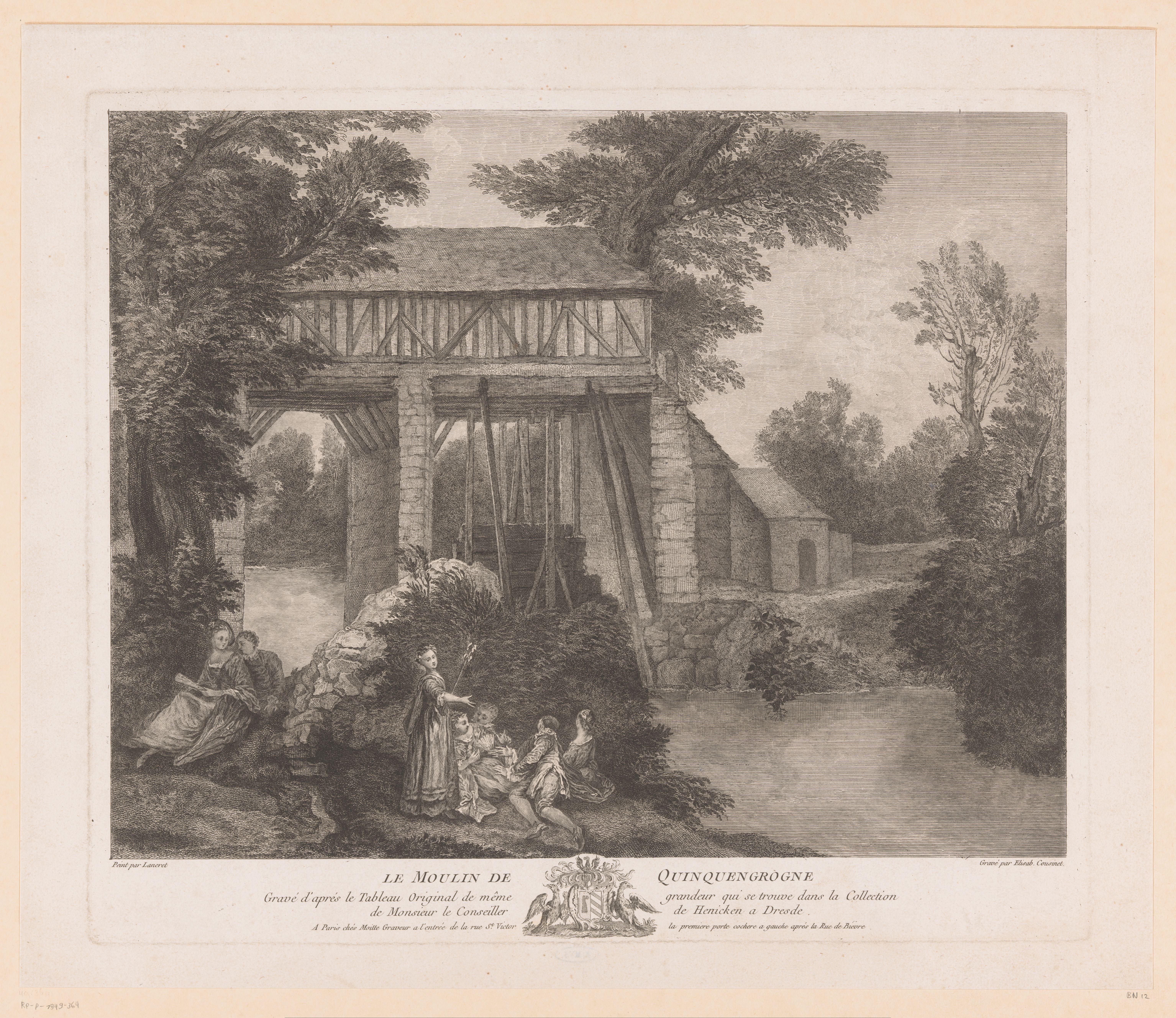 Vier vrouwen en drie mannen bij een watermolen