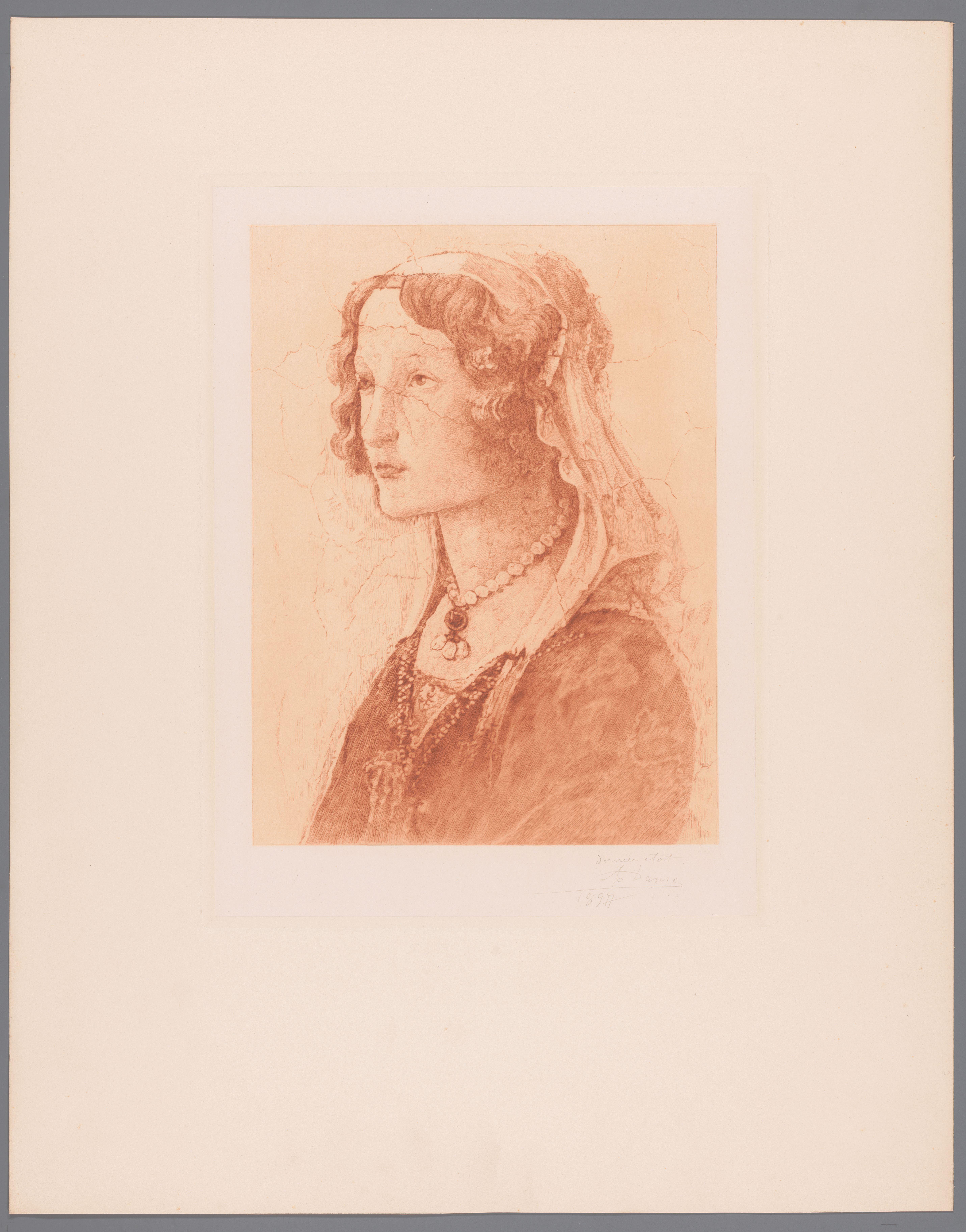 Detail uit een fresco van Botticelli, gezicht van een jonge vrouw