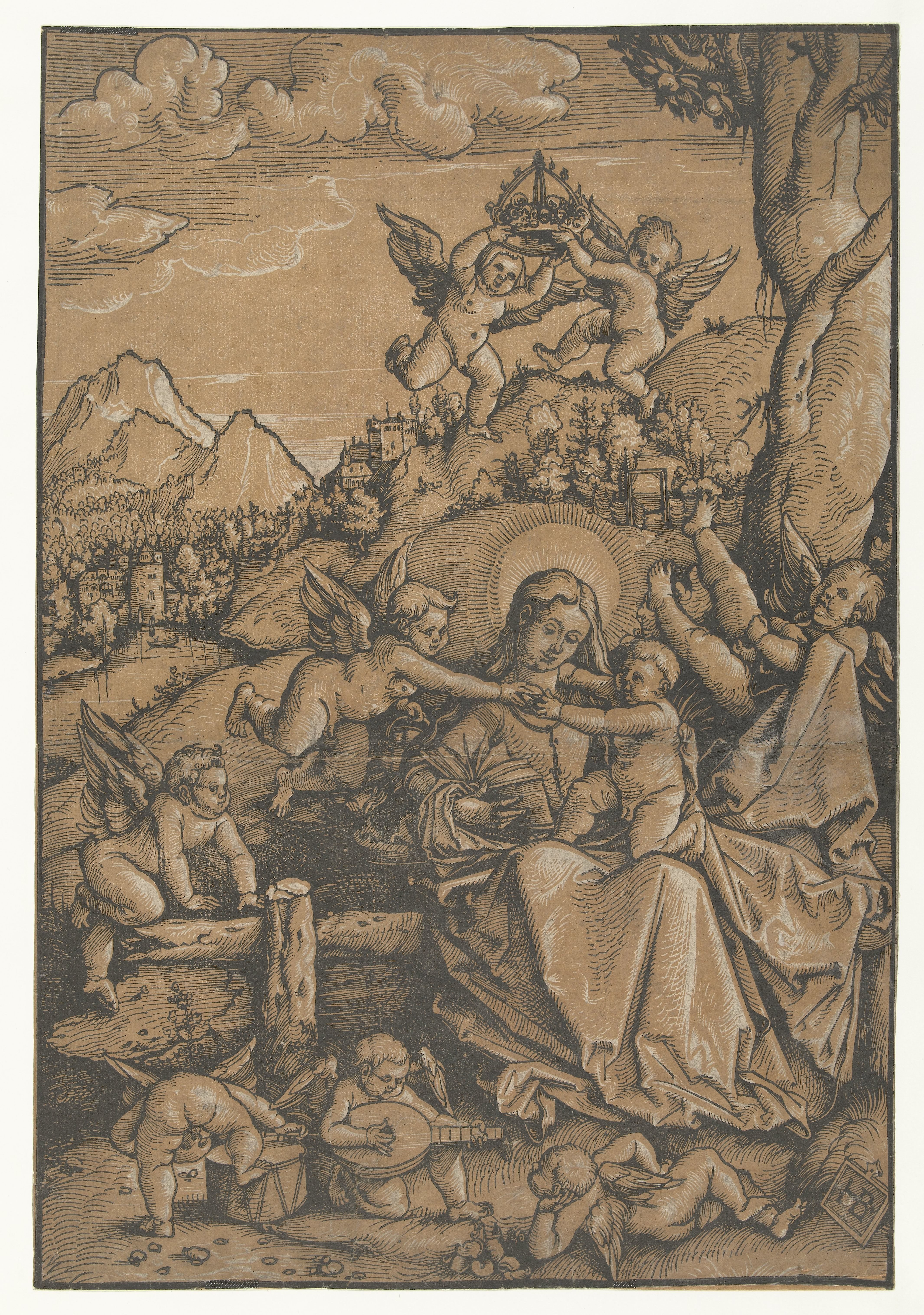 Maria met kind met acht engeltjes in een landschap