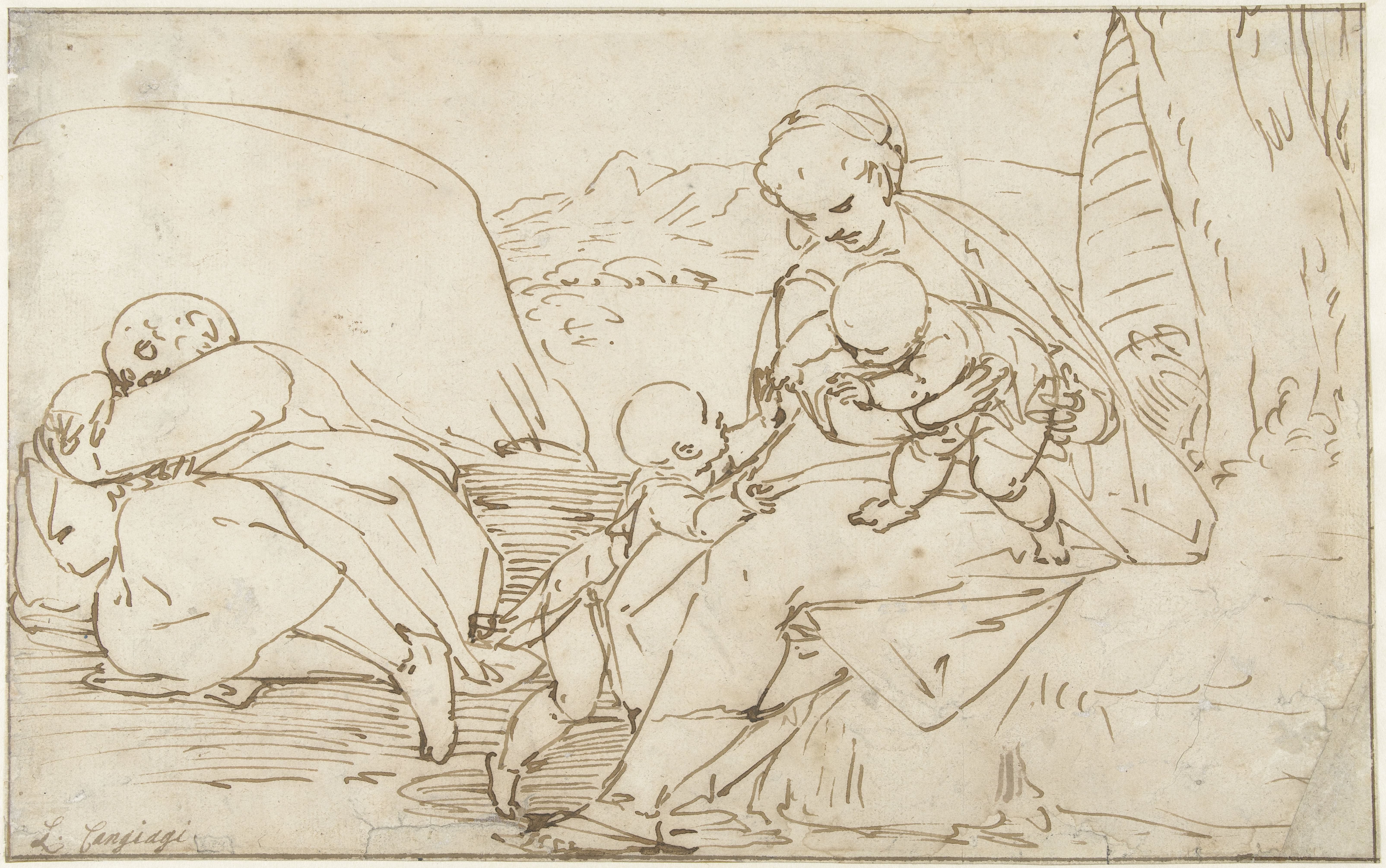 Heilige Familie met Johannes de Doper als kind in een landschap