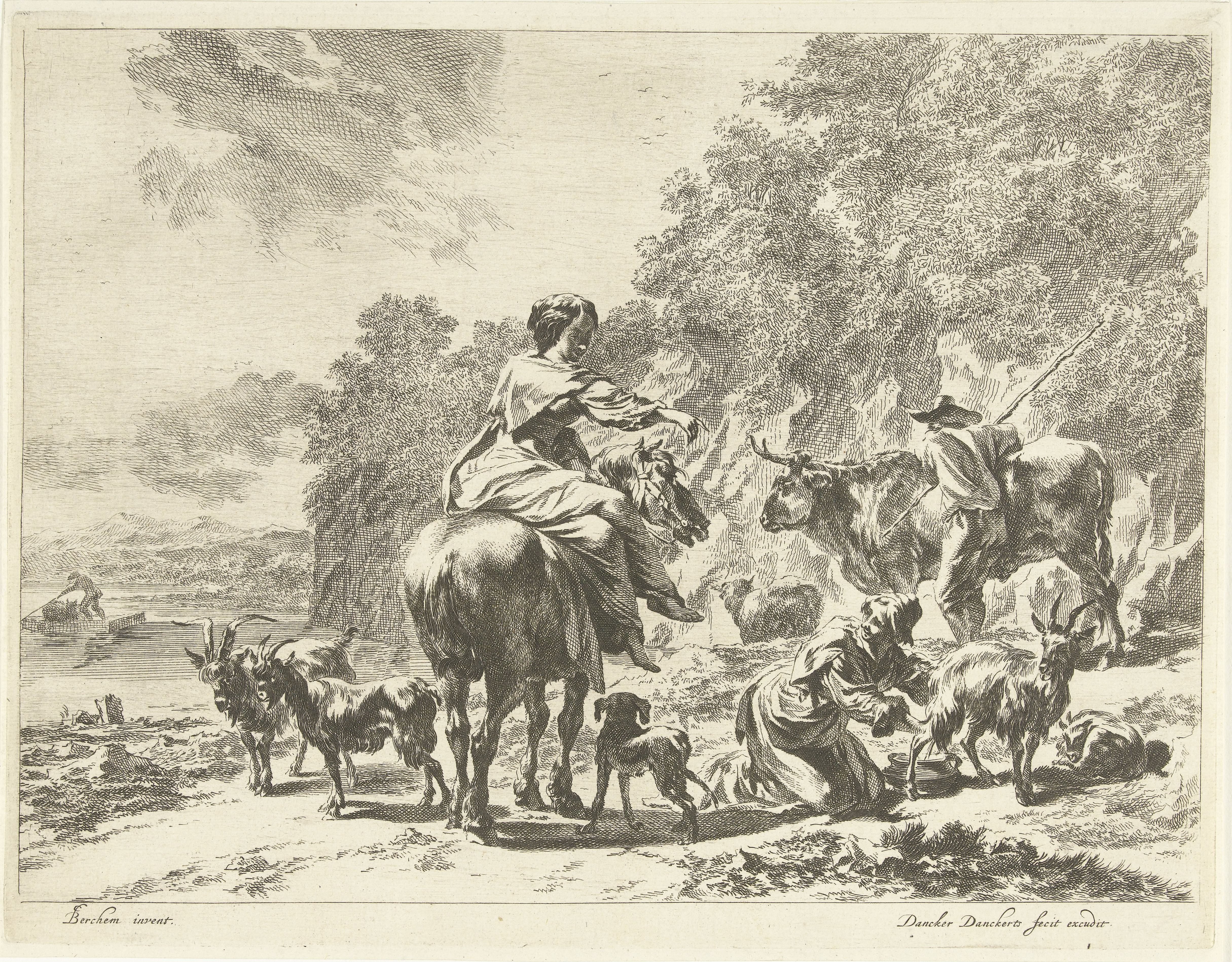 Landschap met vrouw te paard en herderin die een geit melkt