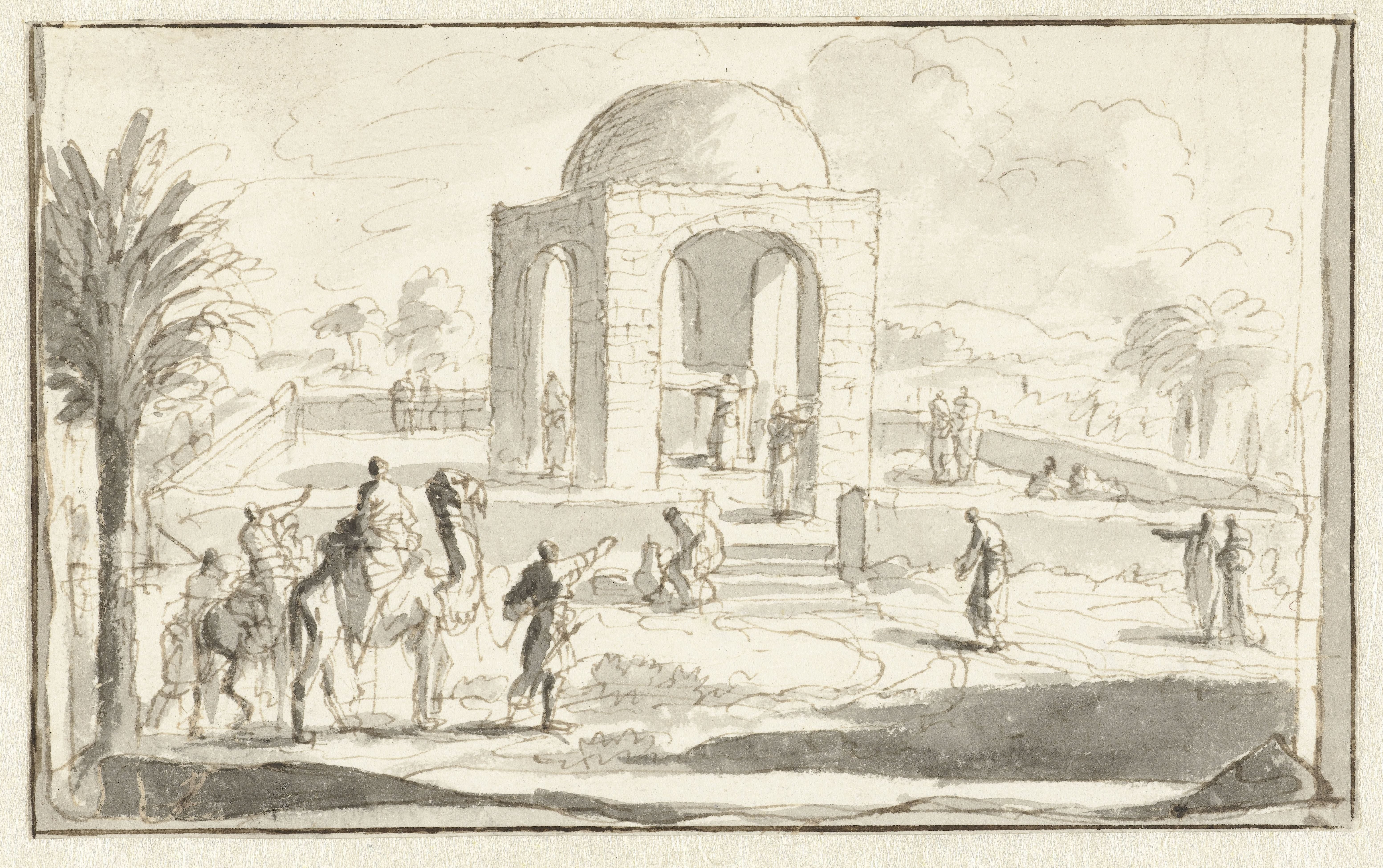 Gezicht op een moskee of tempel in de woestijn