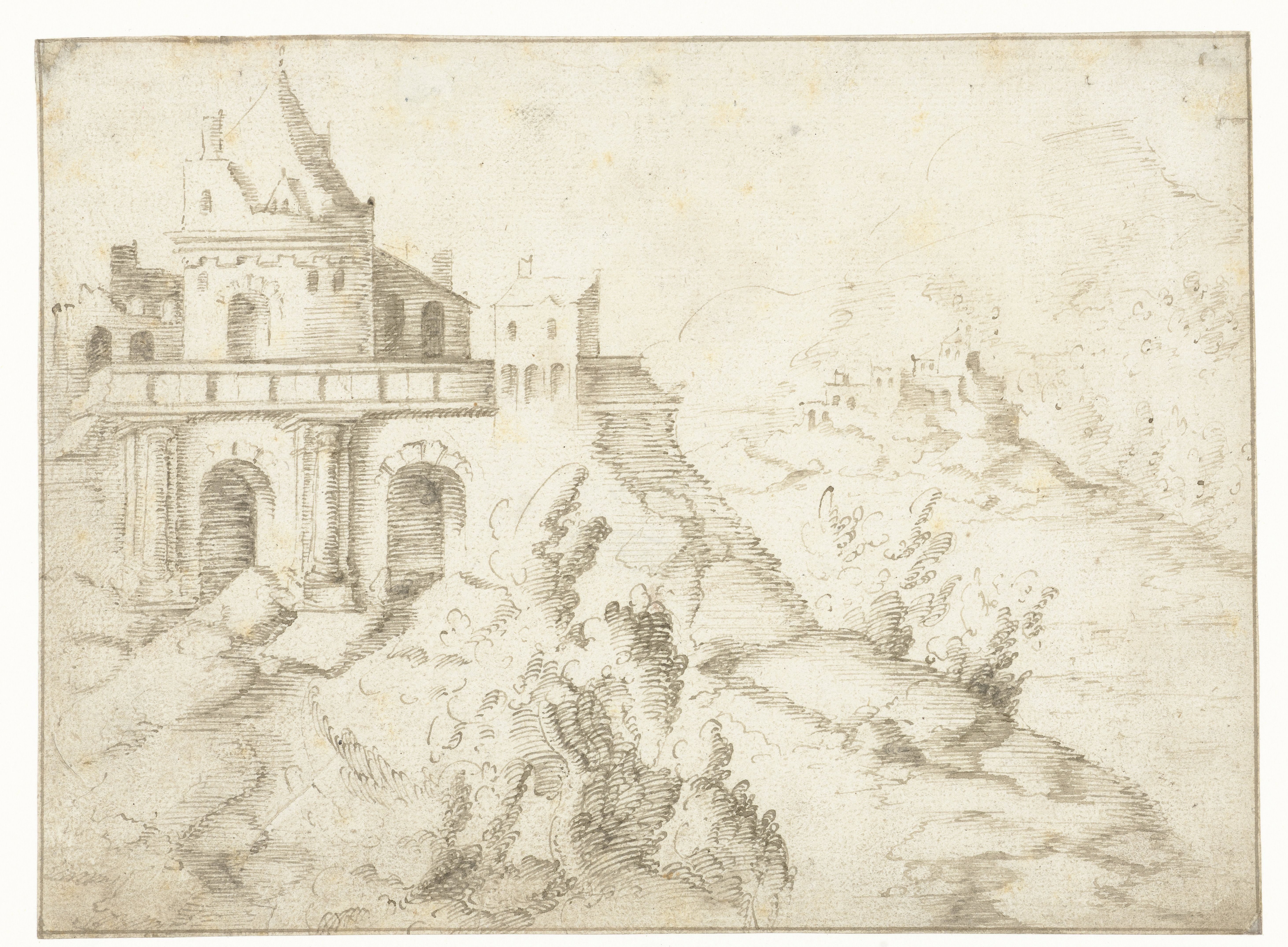 Landschap met ronde toren op een plateau