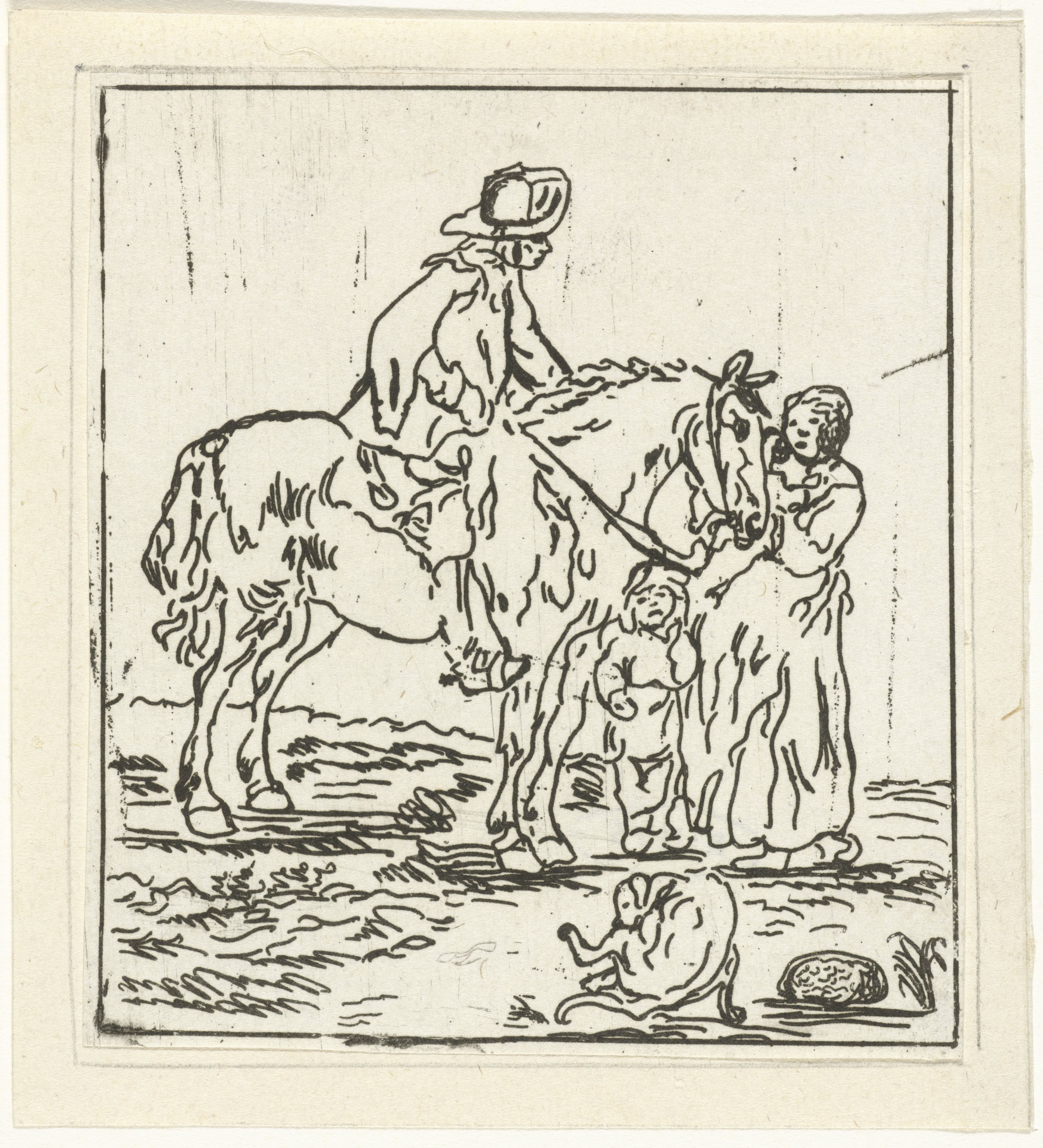 Man te paard bij vrouw en kind
