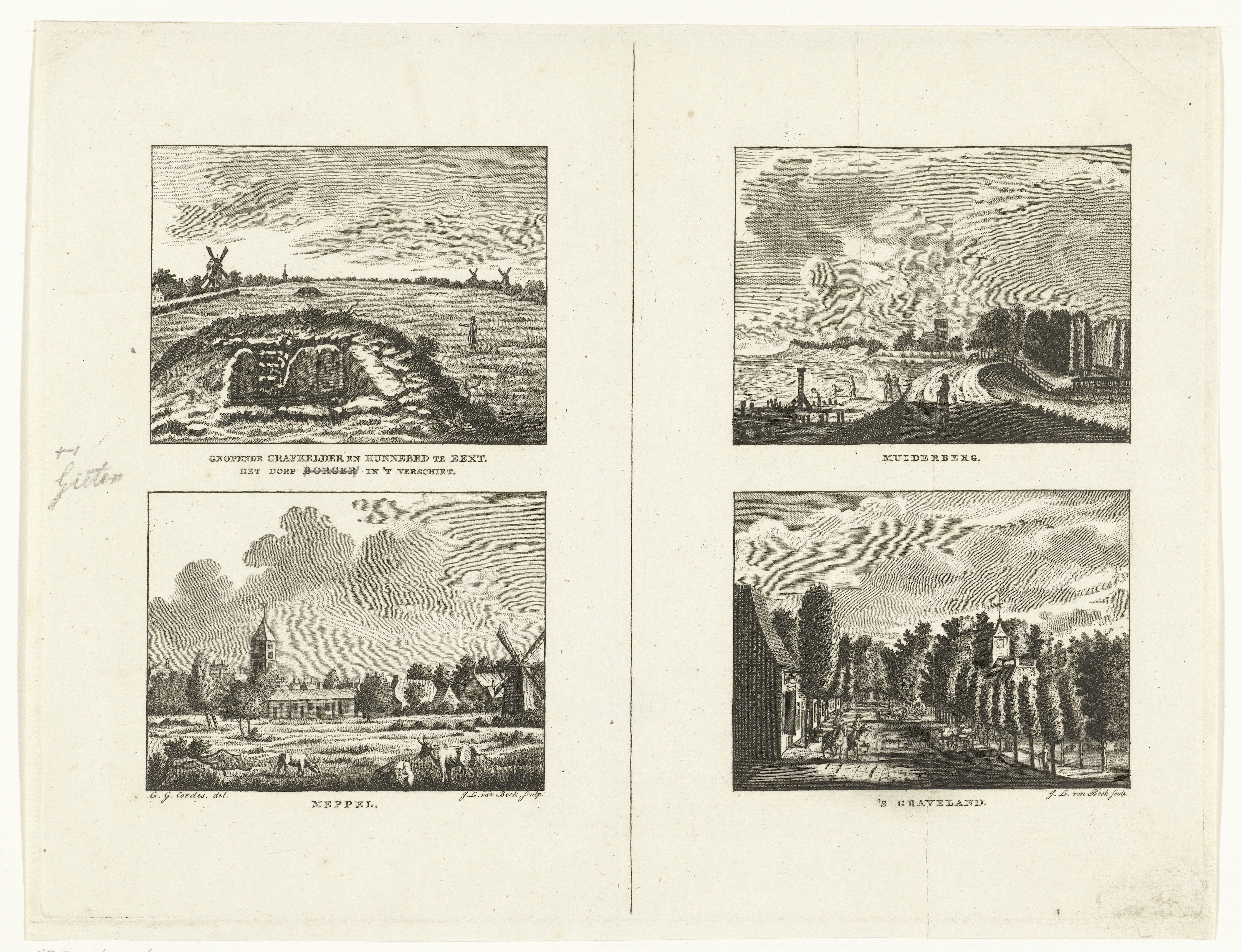 Vier landschappen met gezichten te Eext met hunnebed, Muiderberg, Meppel en 's-Graveland