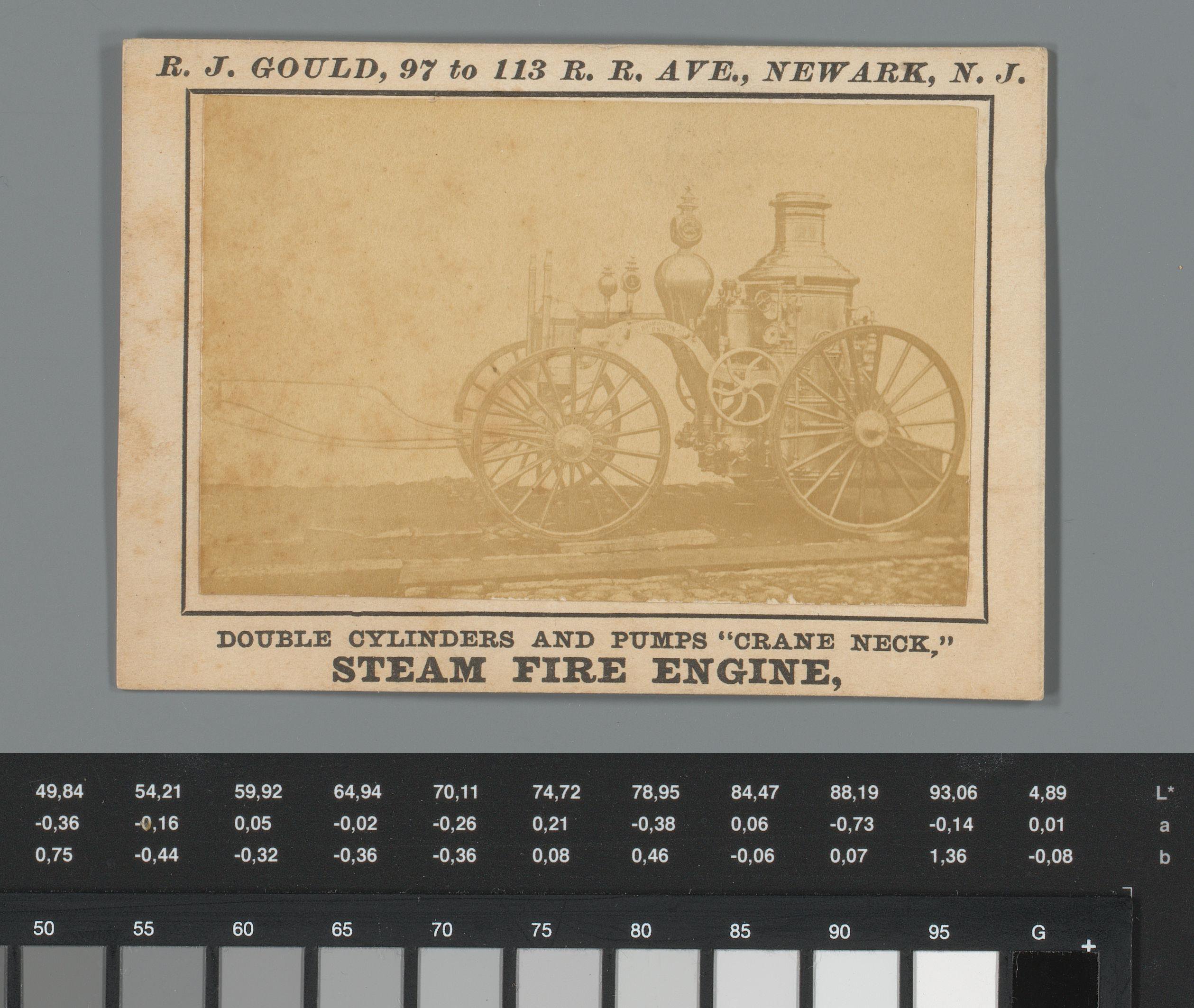 Reclame voor een stoommachine op wielen van R. J. Gould in New Ark, New Jersey
