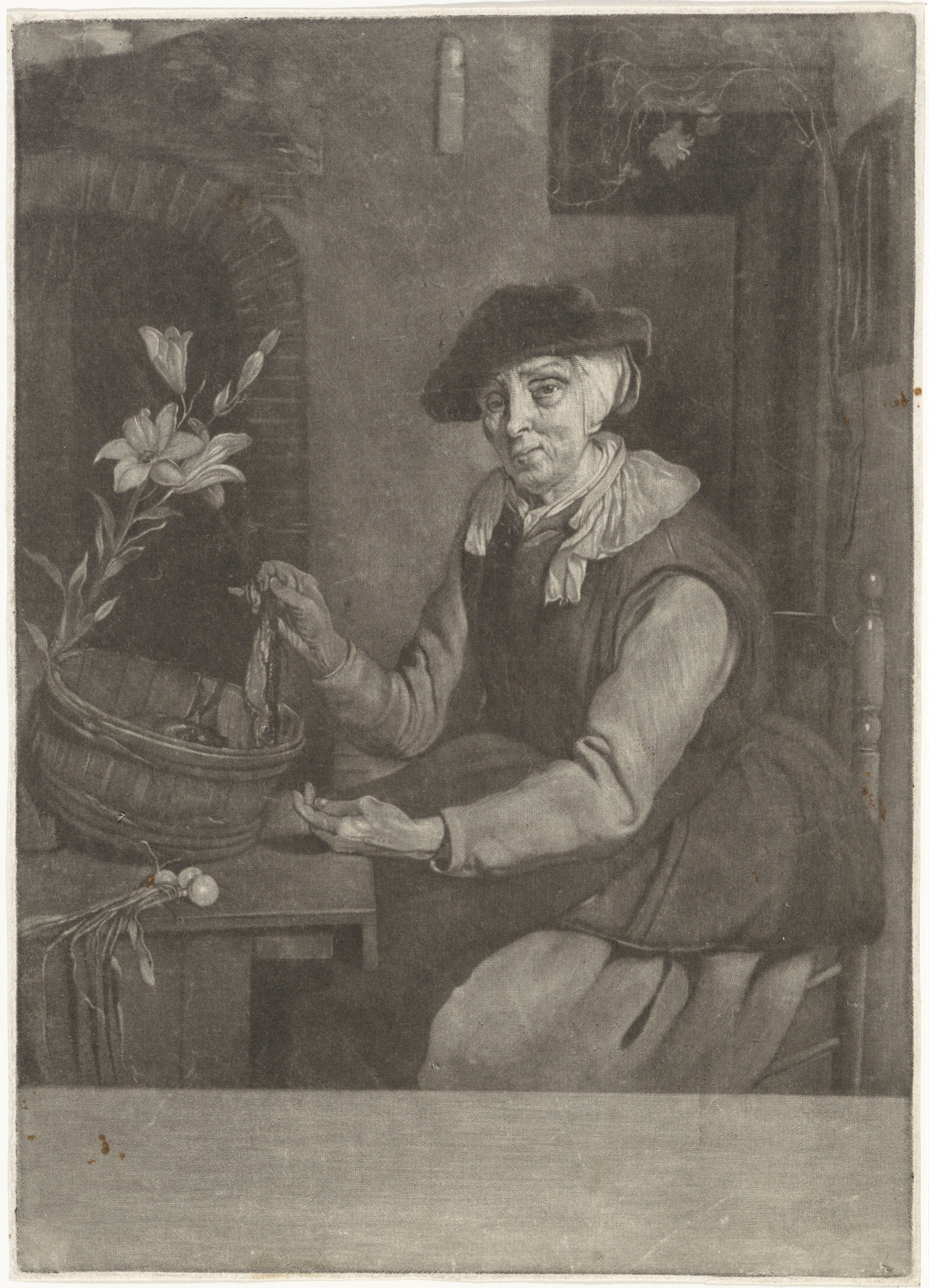 Oude vrouw met een haring in de hand