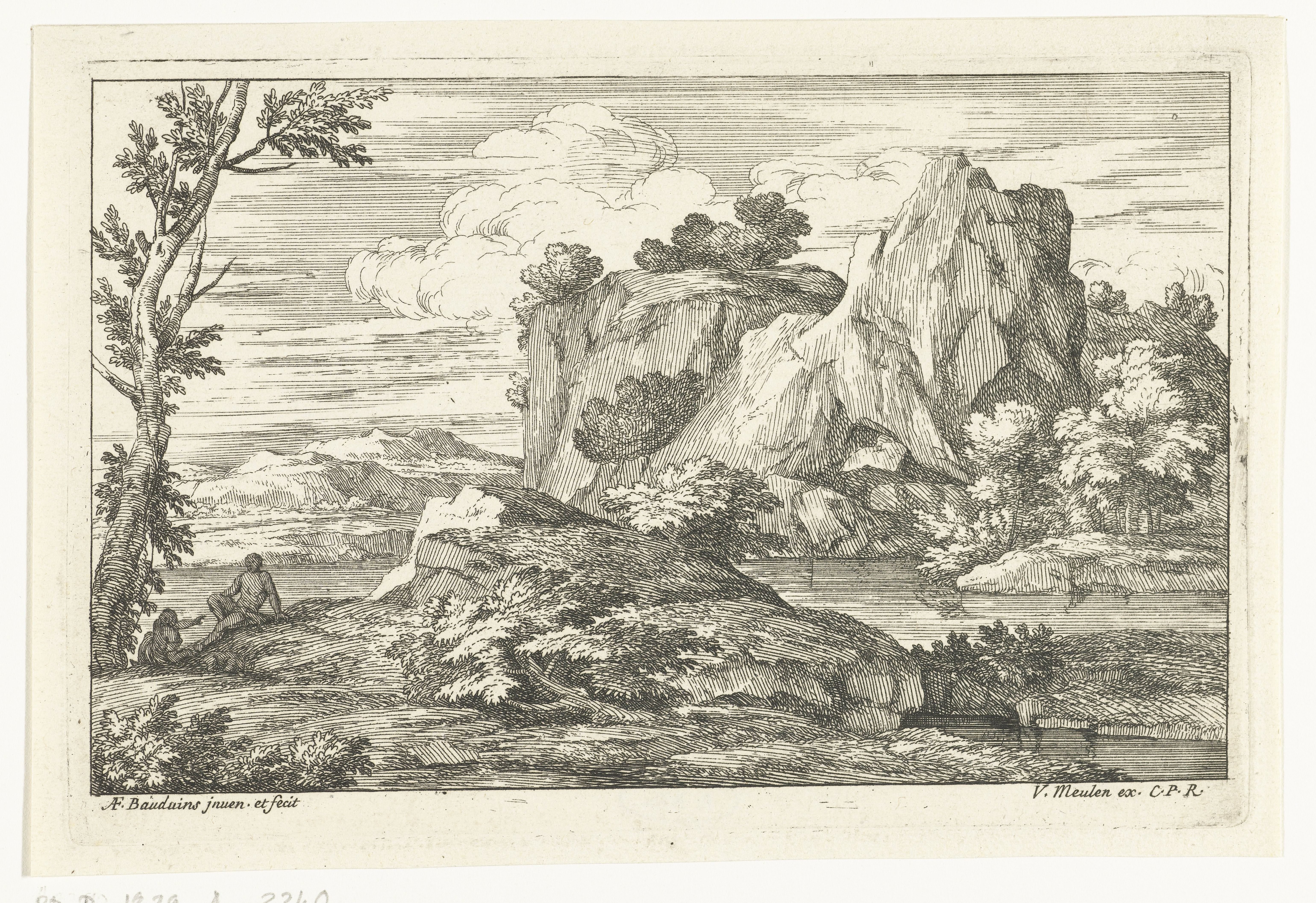 Landschap met grote rots bij een rivier